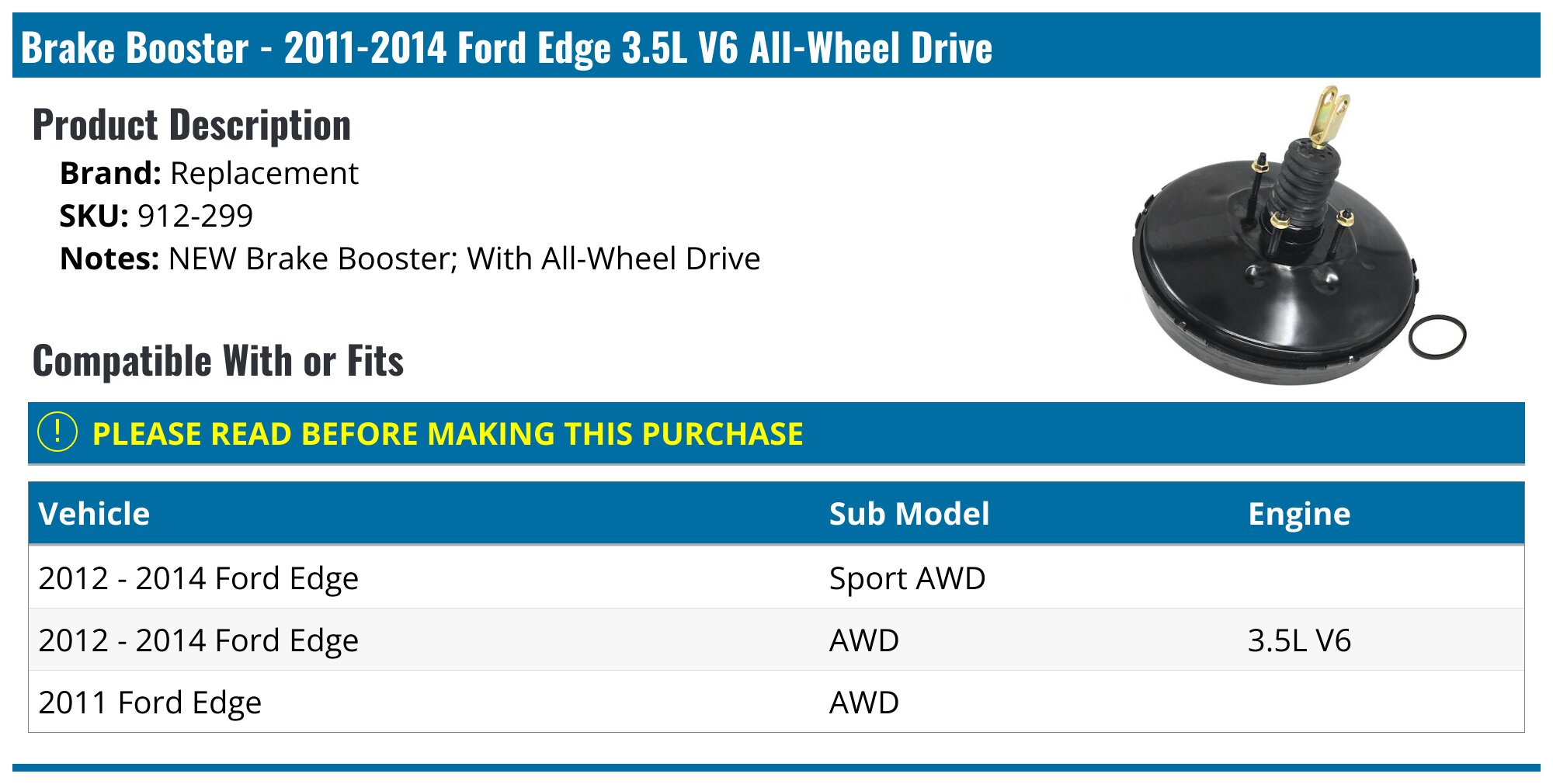 2013 Ford Edge Replacement Power Brake Boosters
