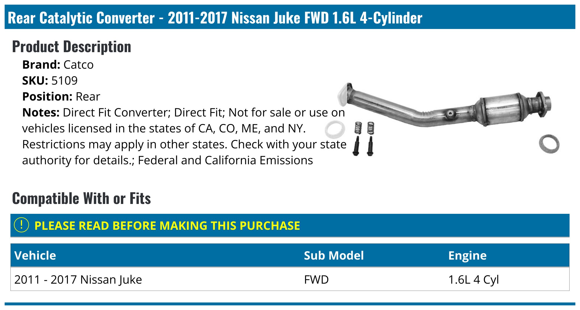 20112017 Nissan Juke Catalytic Converter Catco 5109 Rear