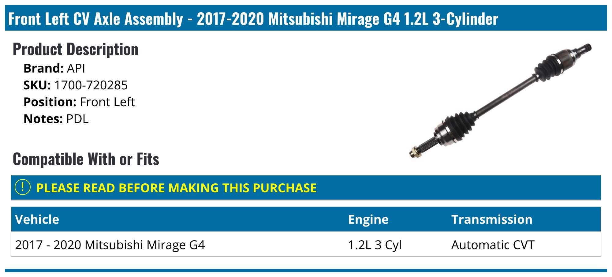 2017-2021 Mitsubishi Mirage G4 Axle Assembly - API 140476-02168955