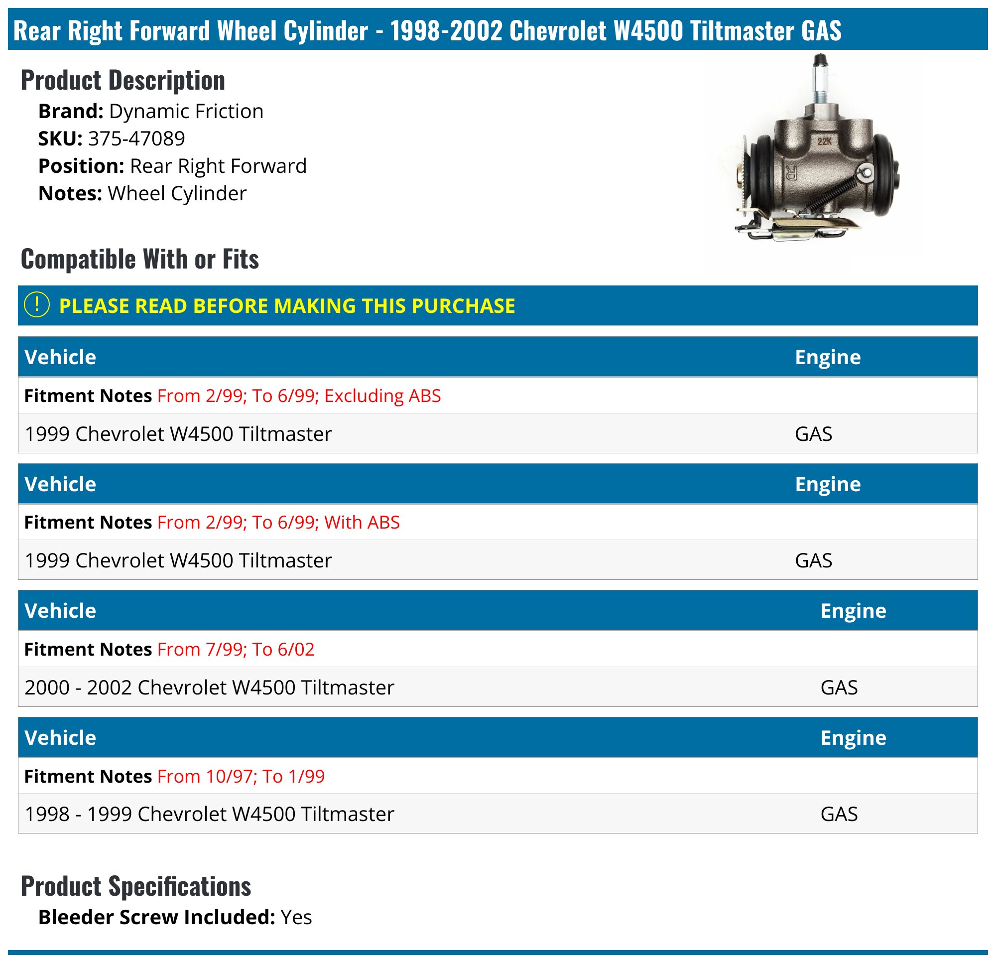1998-2002 Chevrolet W4500 Tiltmaster Wheel Cylinder - Dynamic Friction ...