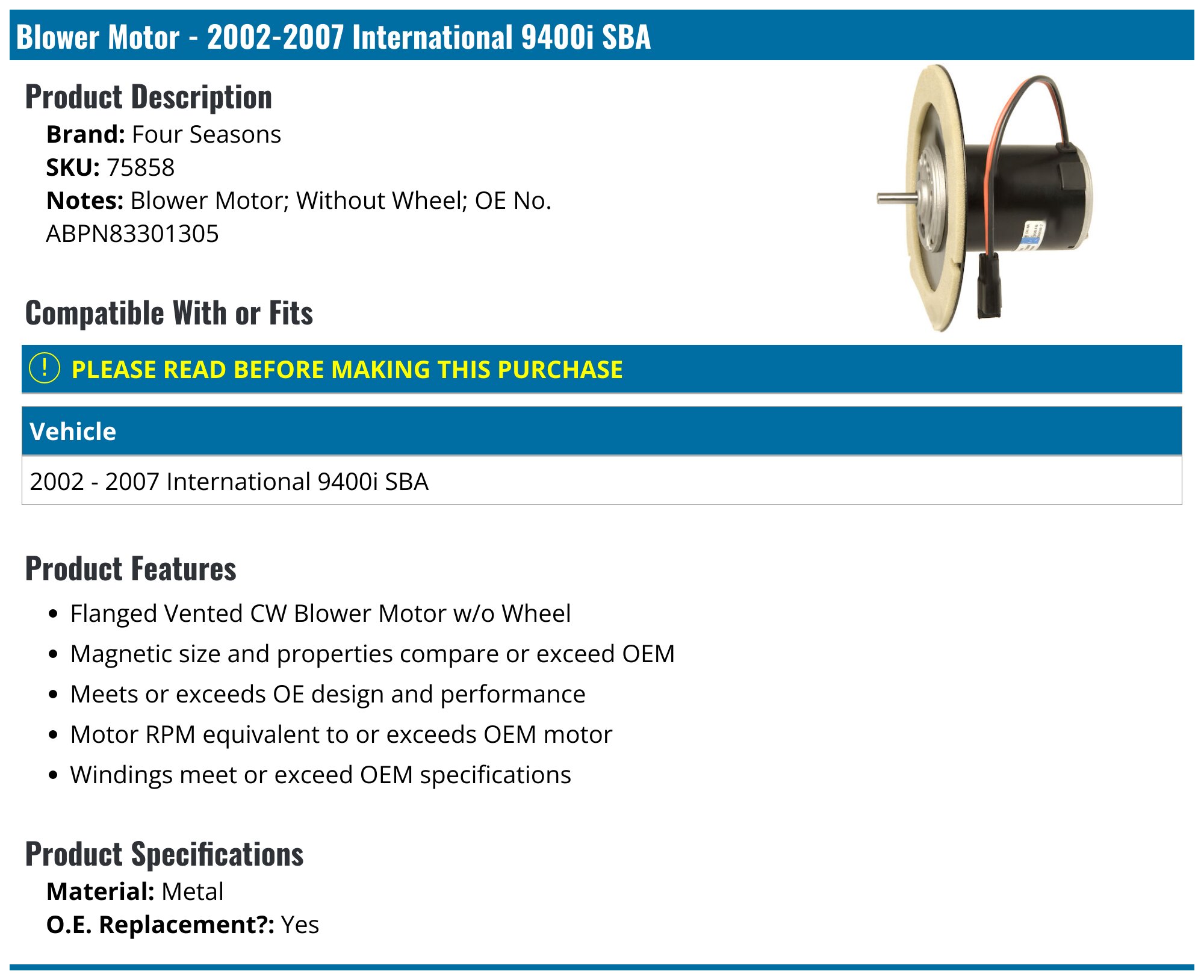 HVAC Blower Motor For International Harvester Trucks – 3000, 5000, 9000 Series – A-Premium