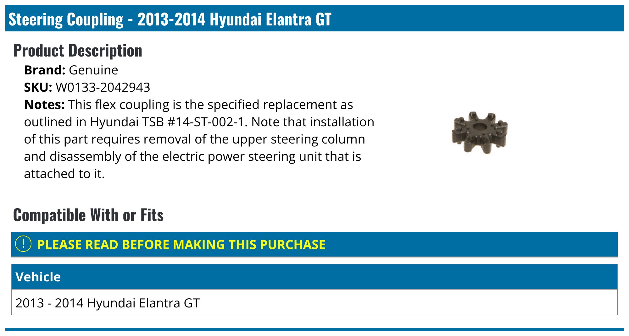 2013-2014 Hyundai Elantra GT Steering Coupling - Genuine W0133-2042943 ...