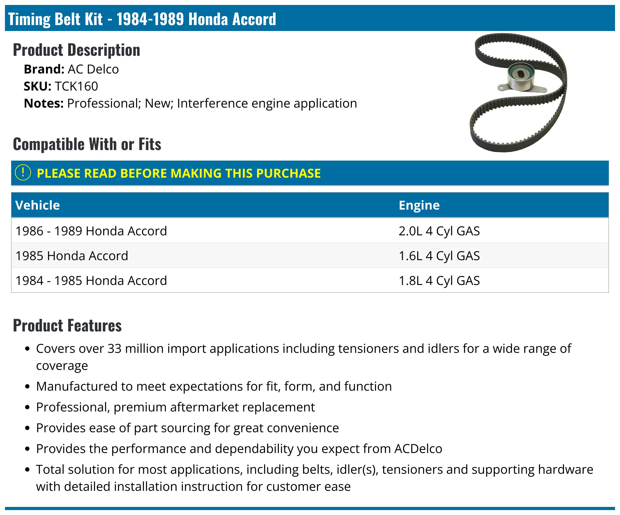 1986-1989 Honda Accord Timing Belt - Aisin TKH-004
