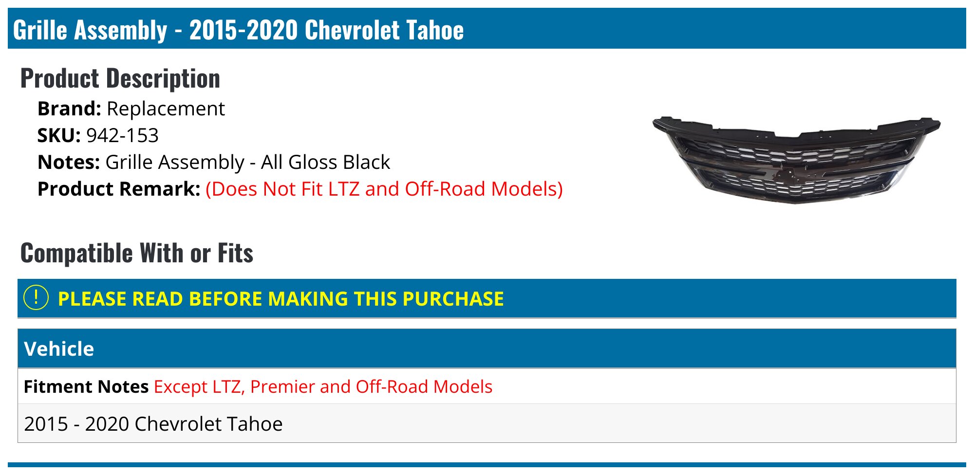Front Black Chrome Grille Replacement For Chevrolet Tahoe & Silverado (Fits GM1200442)
