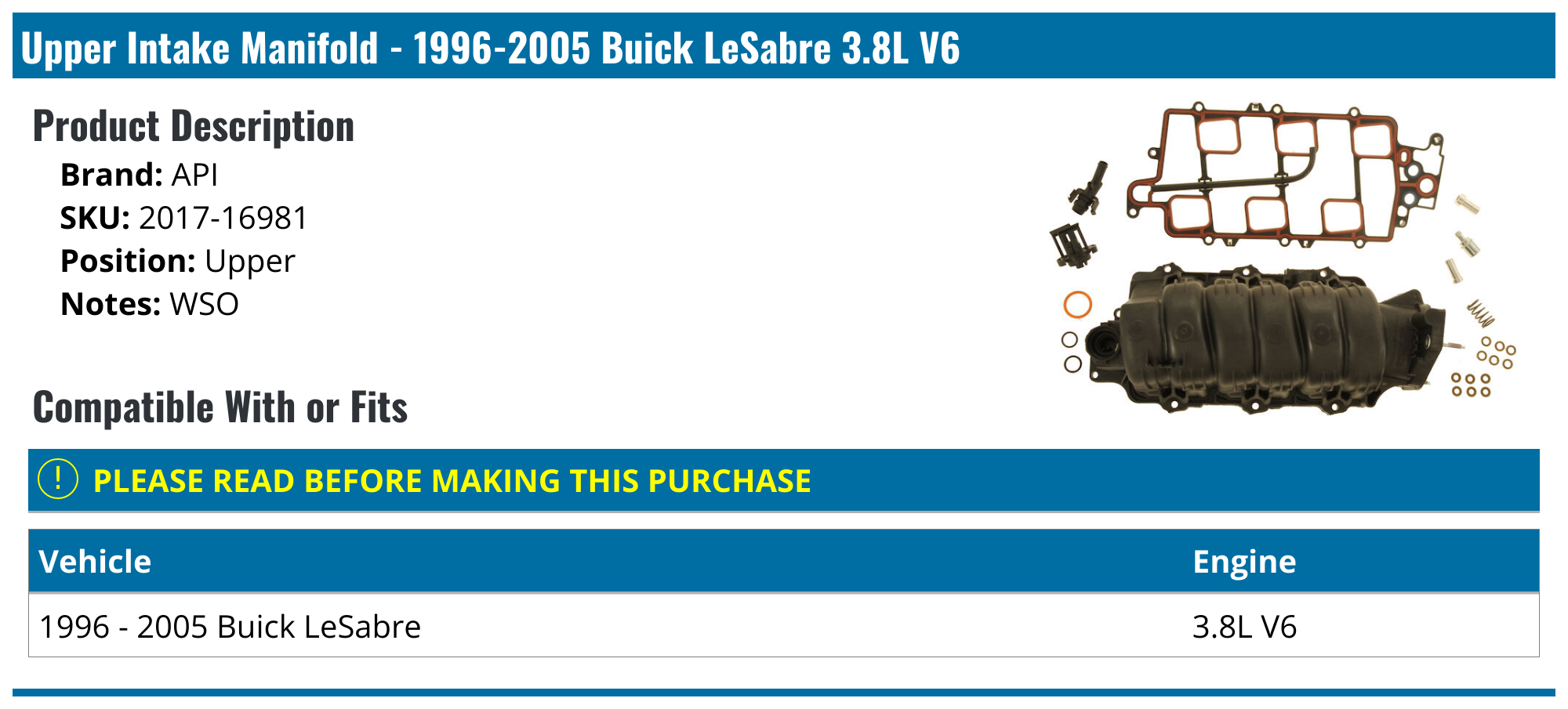 19962005 Buick LeSabre Intake Manifold API 262007942996 Upper