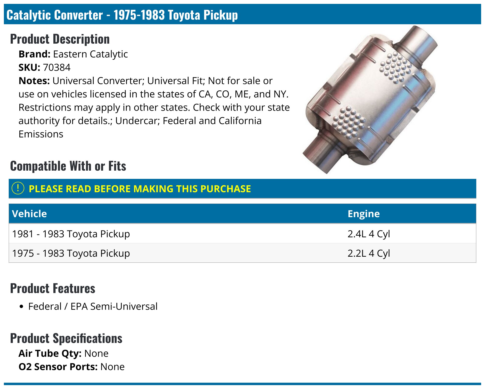 19751983 Toyota Pickup Catalytic Converter Eastern Catalytic 70384