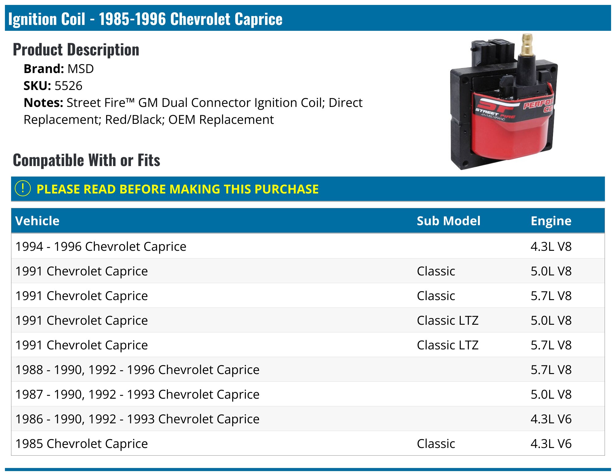 1985-1996 Chevrolet Caprice Ignition Coil - MSD 5526 - PartsGeek.com