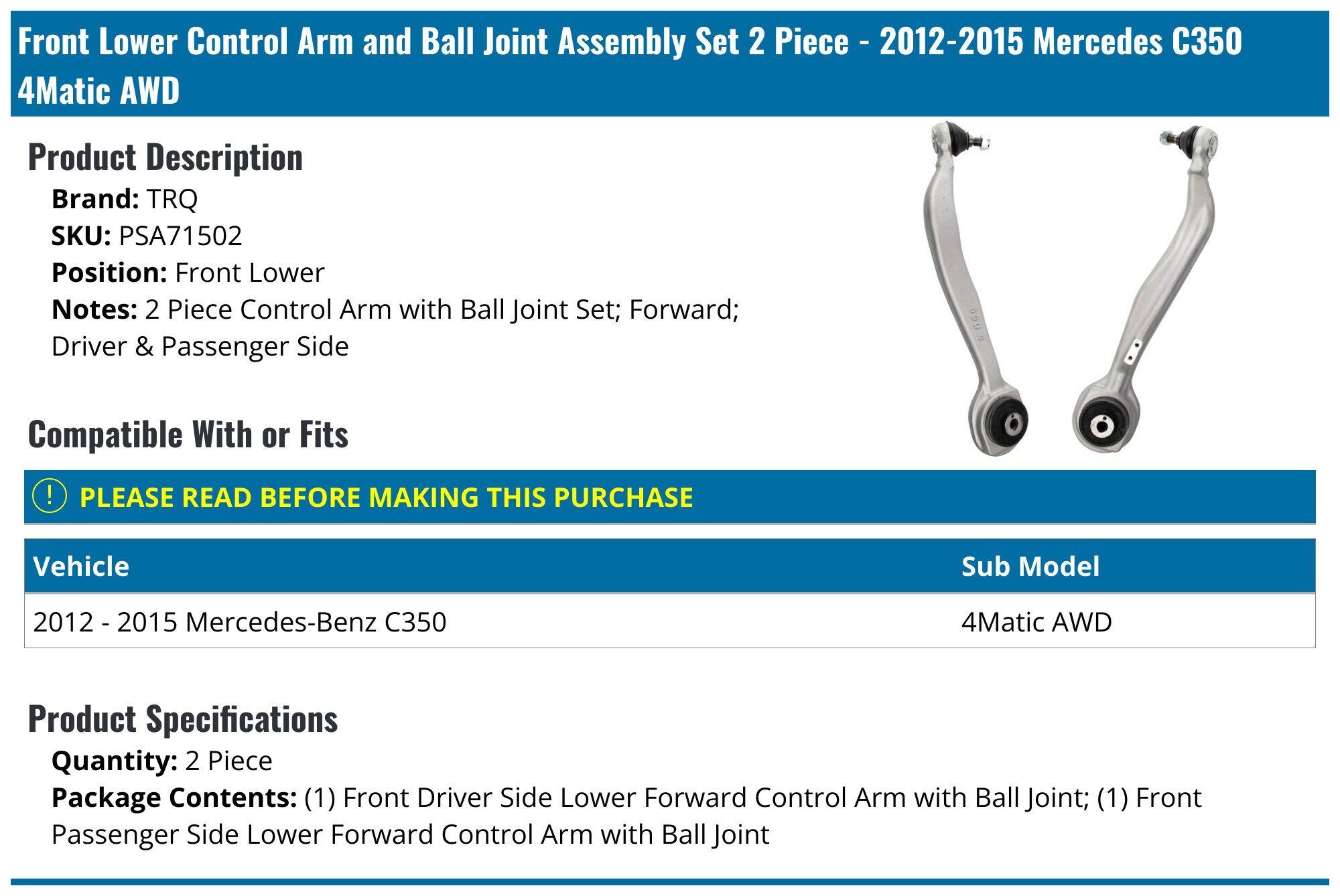 TRQ Front Lower Rearward Control Arm Ball Joint Assembly LH Driver Side for 4Matic AWD MB W204 C-Class, Control Arms - Canada