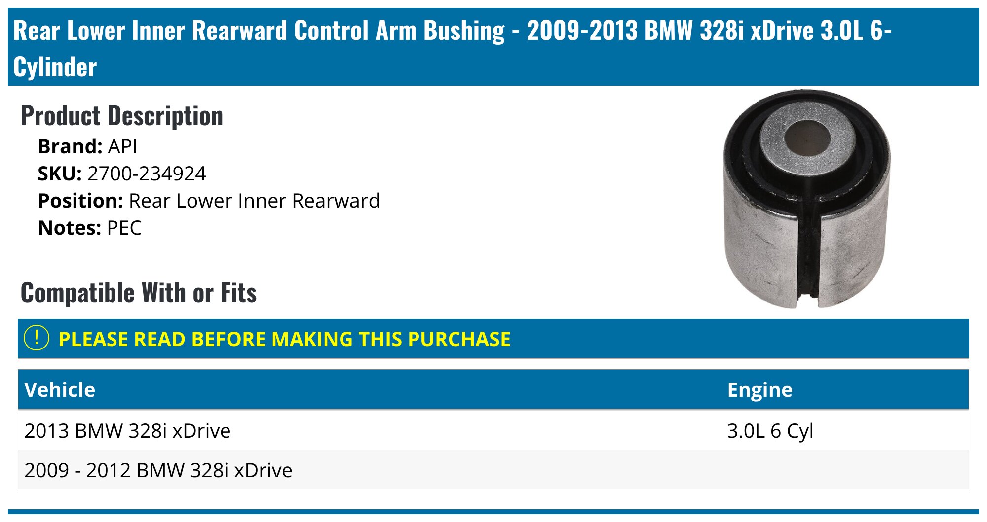 2009-2013 BMW 328i xDrive Control Arm Bushing - API 30394-07722444 ...