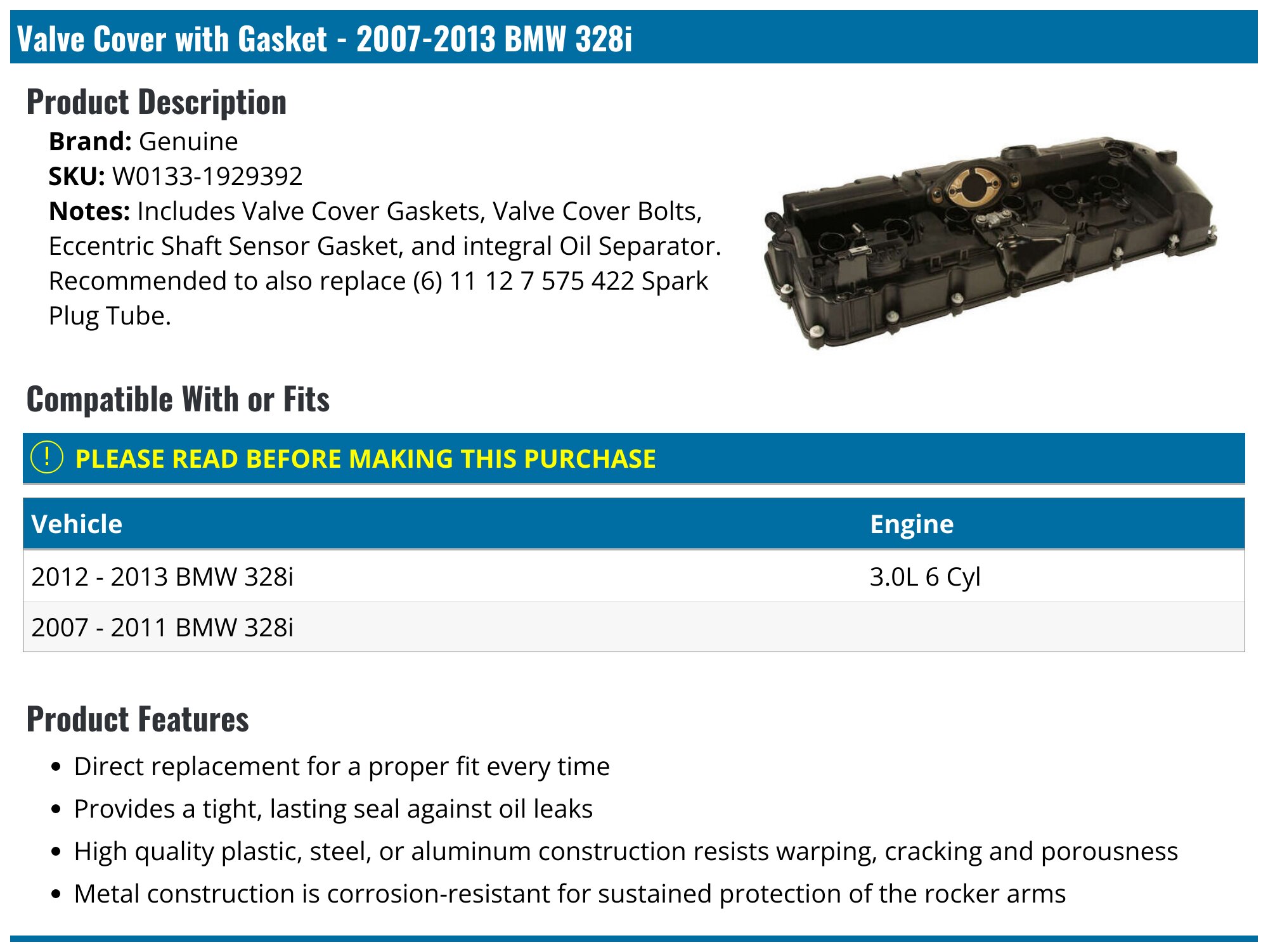 2007-2013 BMW 328i Valve Cover - Genuine W0133-1929392 - PartsGeek.com