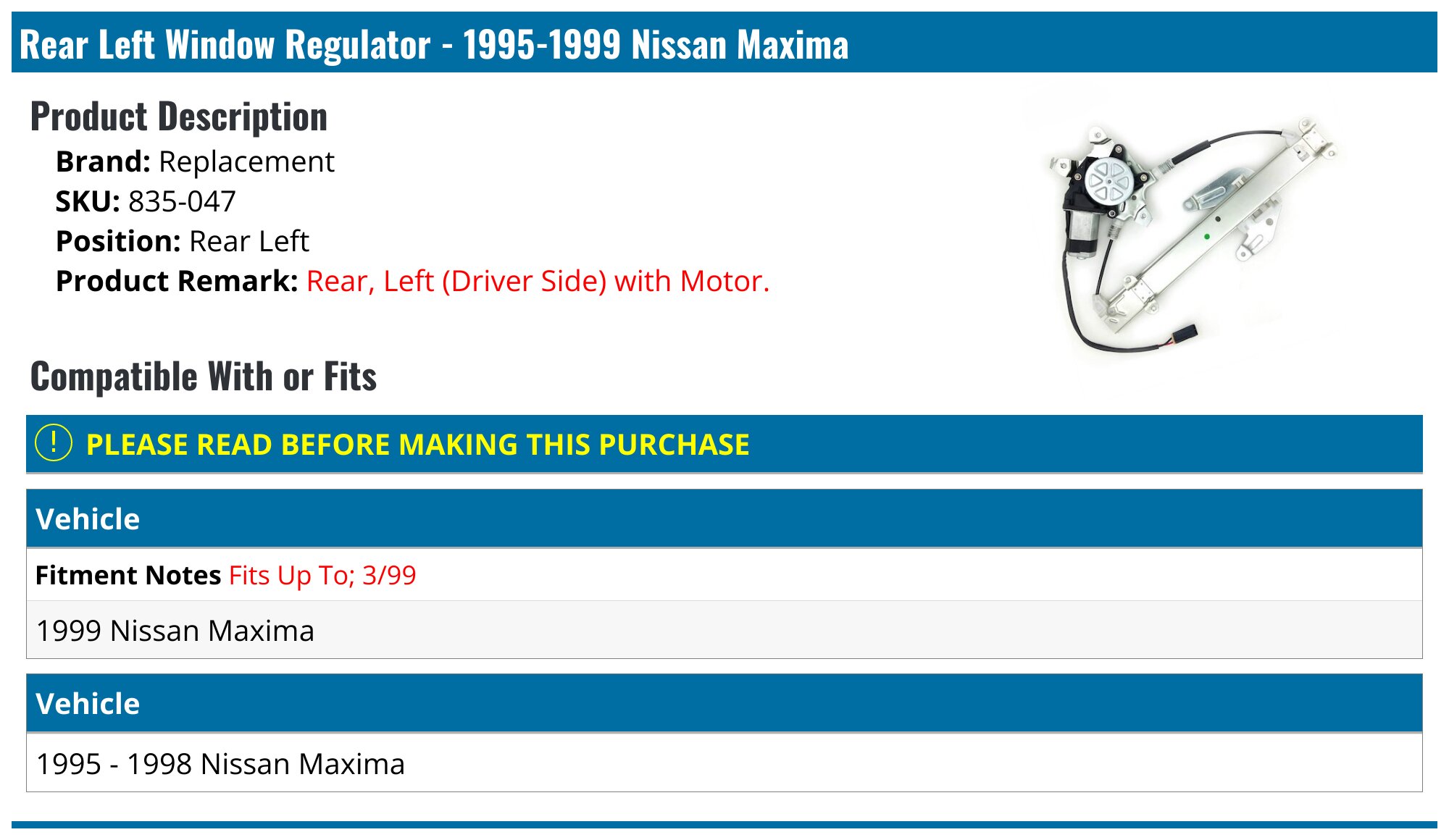 Genuine Nissan Maxima Window Run