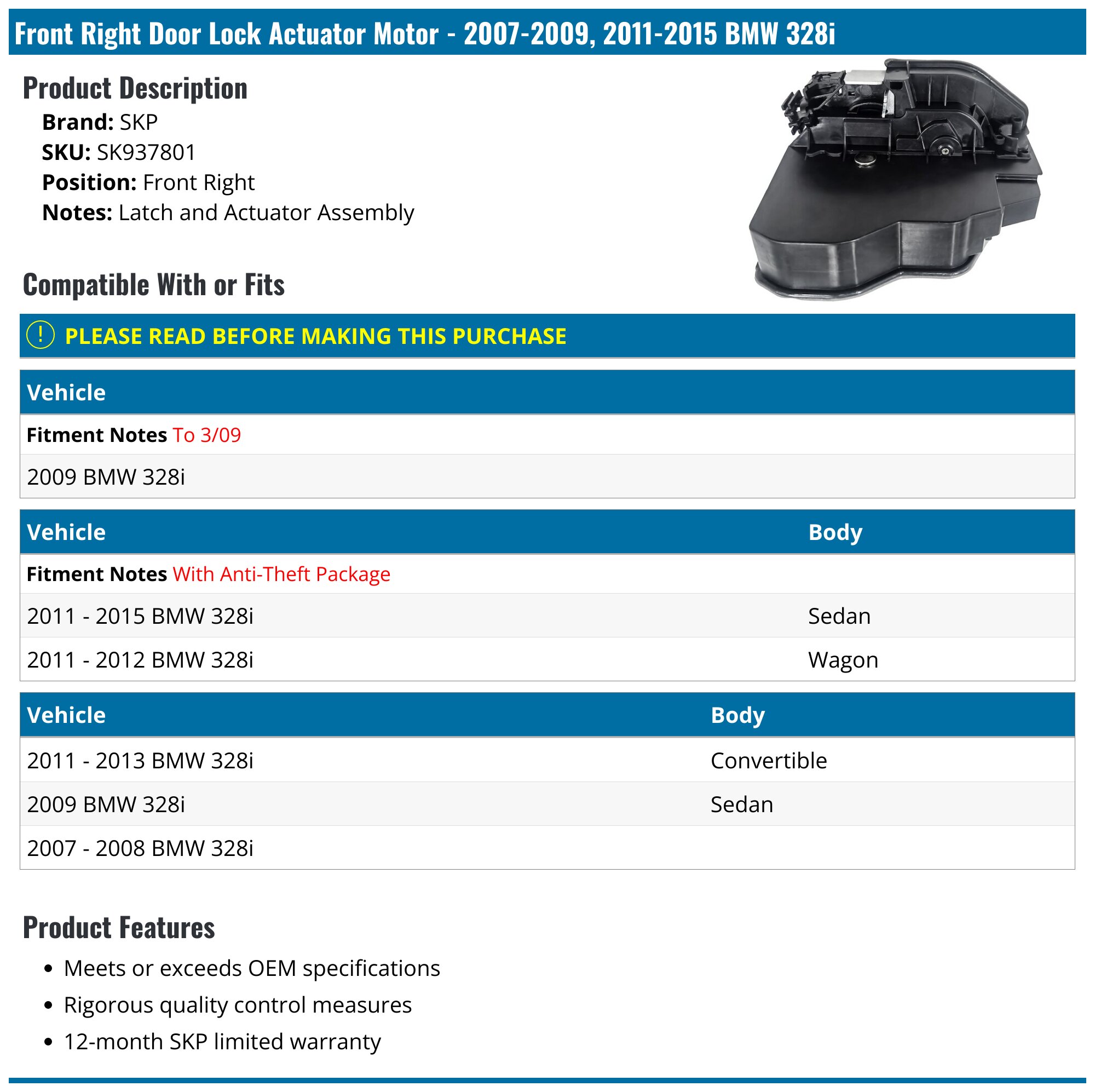 2007-2009, 2011-2015 BMW 328i Door Lock Actuator - SKP SK937801 - Front ...