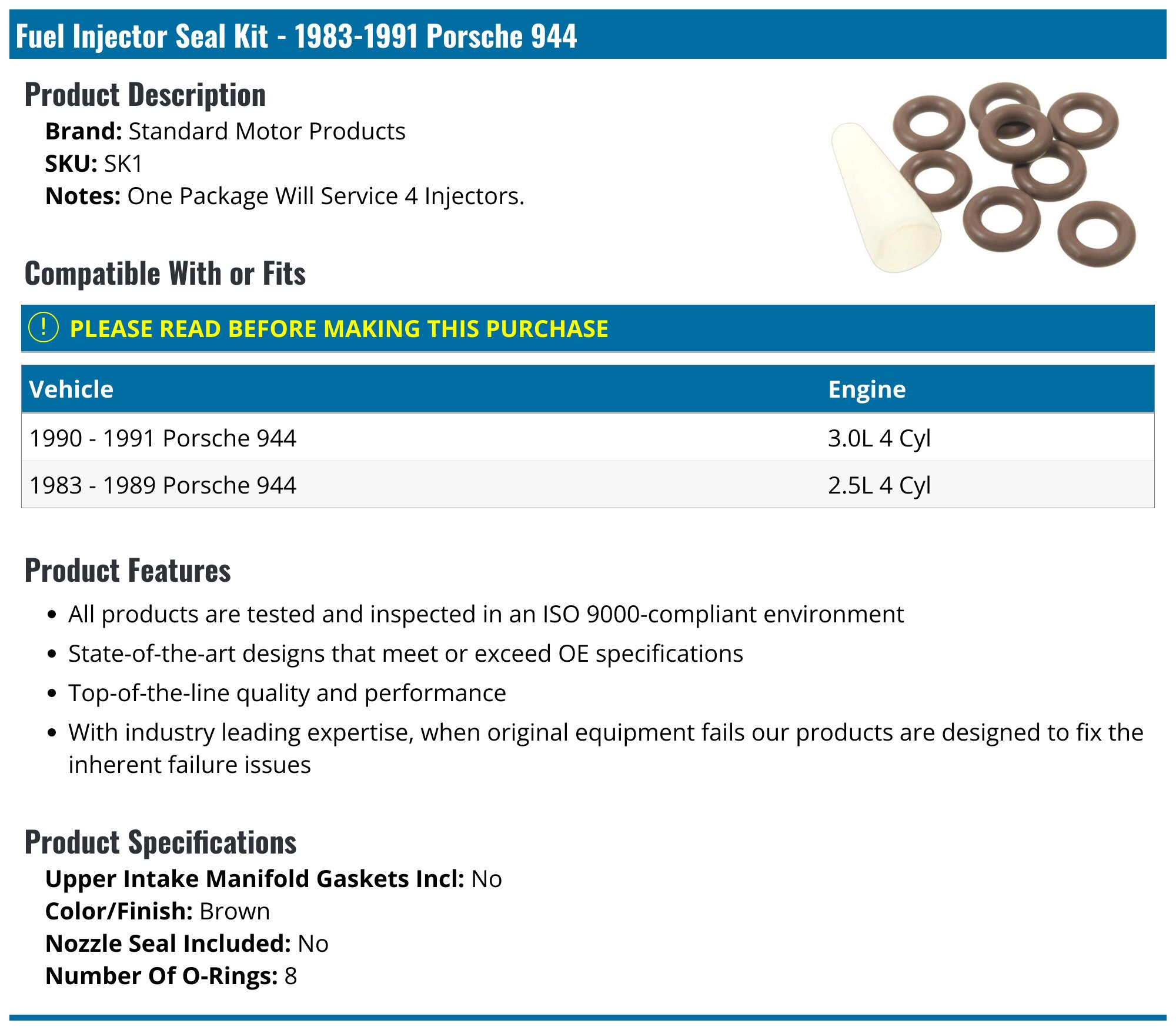 19831991 Porsche 944 Fuel Injector Seal Standard Motor Products SK1
