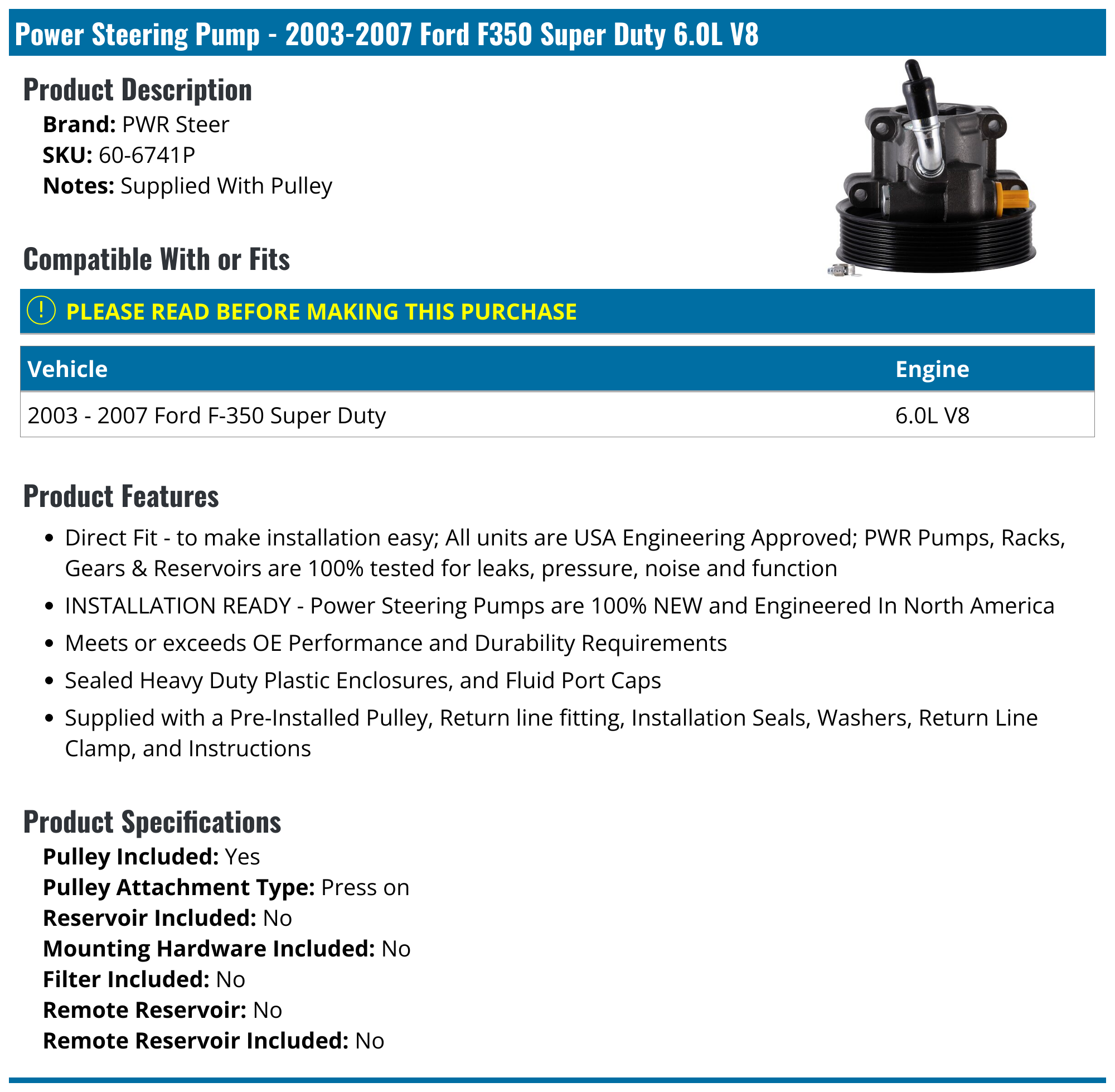 2003-2007 Ford F350 Super Duty Power Steering Pump - PWR Steer 60-6741P -  PartsGeek.com, image size:2000x1958