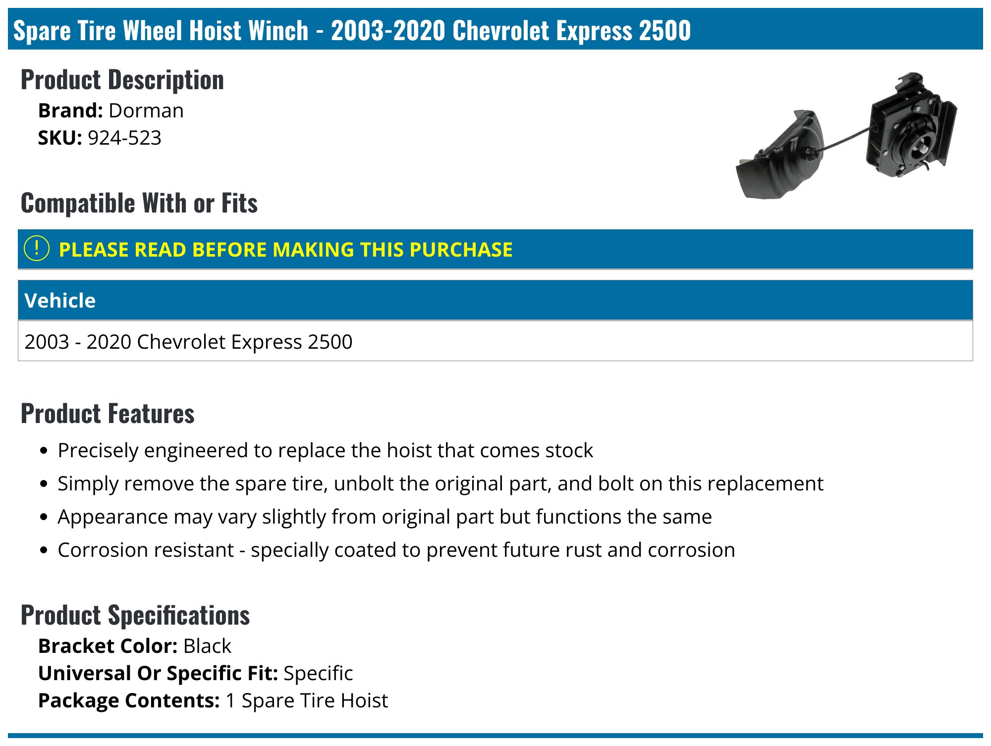 Chevrolet Express 2500 Spare Tire Hoist - Best Spare Tire Hoist for Chevrolet Express 2500