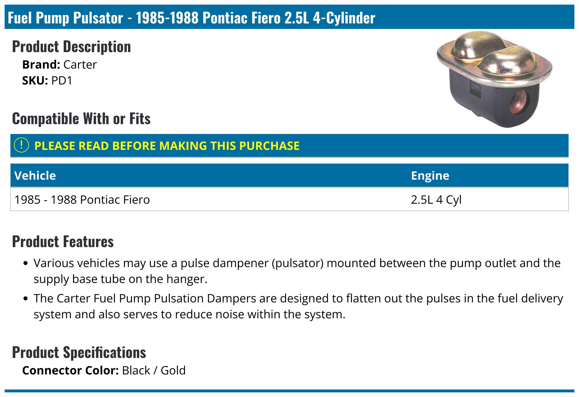 19851988 Pontiac Fiero Fuel Pump Pulsator Carter PD1