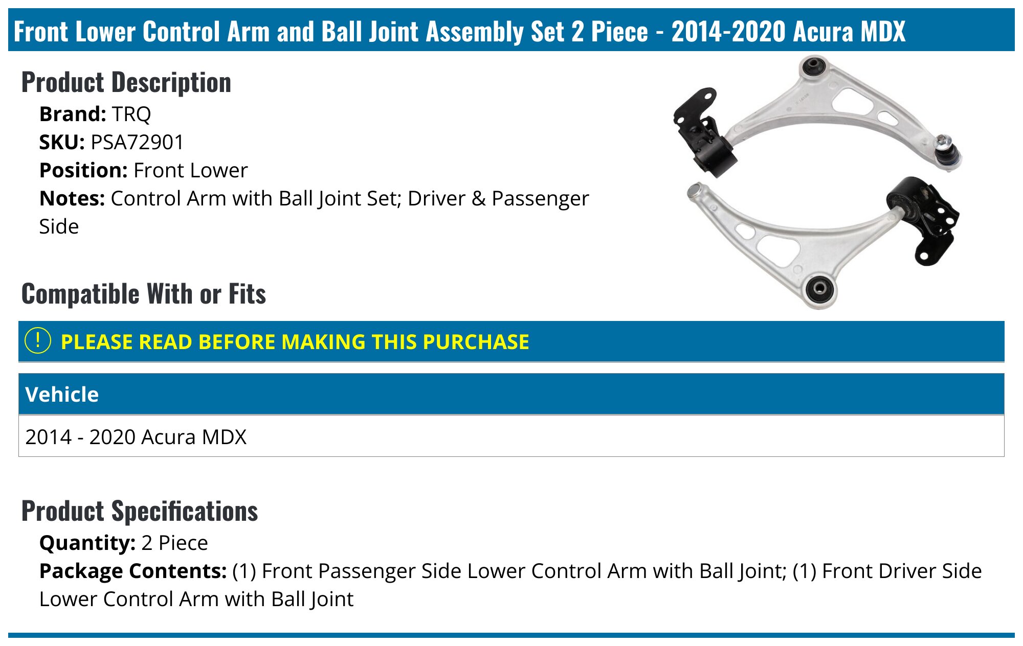 Front Lower Control Arm With Ball Joint Assembly Pair For 2014-2019 Acura MDX Honda Pilot Passport