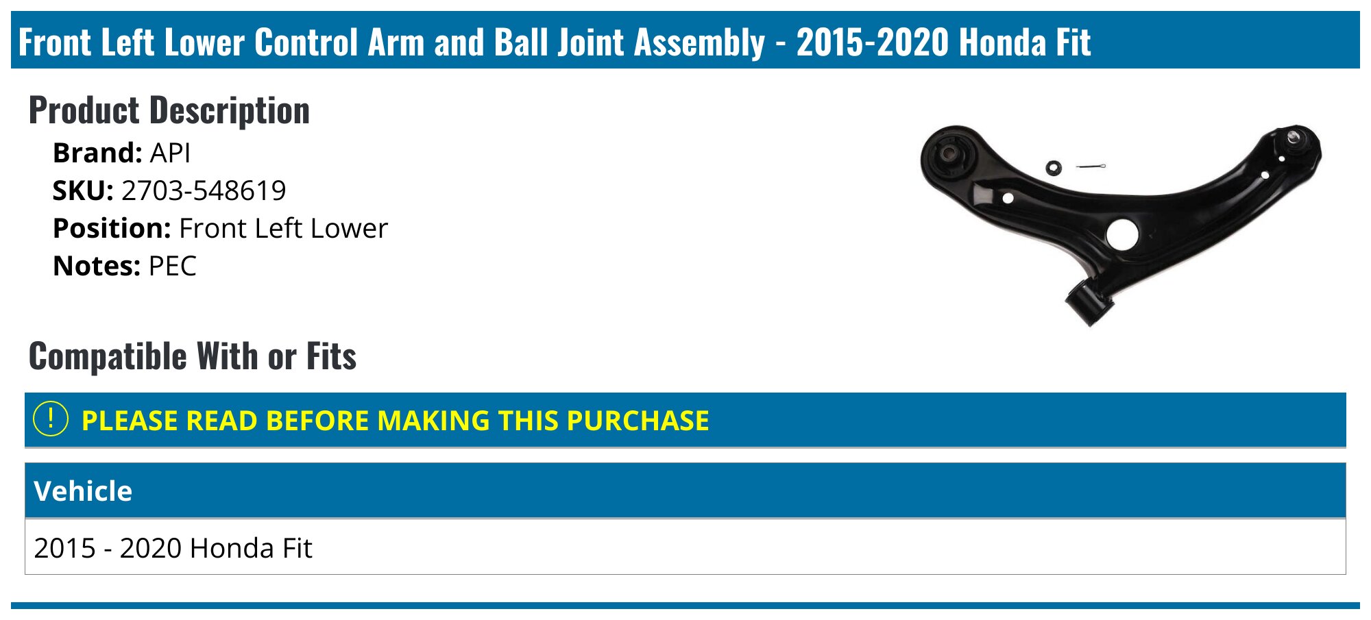 1 Pair Fits Honda Fit 2015-2020 New Front Lower Control Arm with