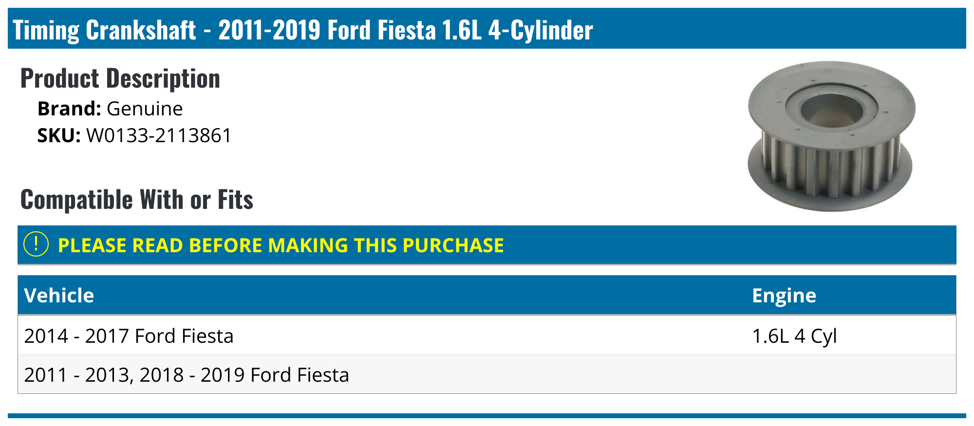20112019 Ford Fiesta Timing Crankshaft Genuine W01332113861
