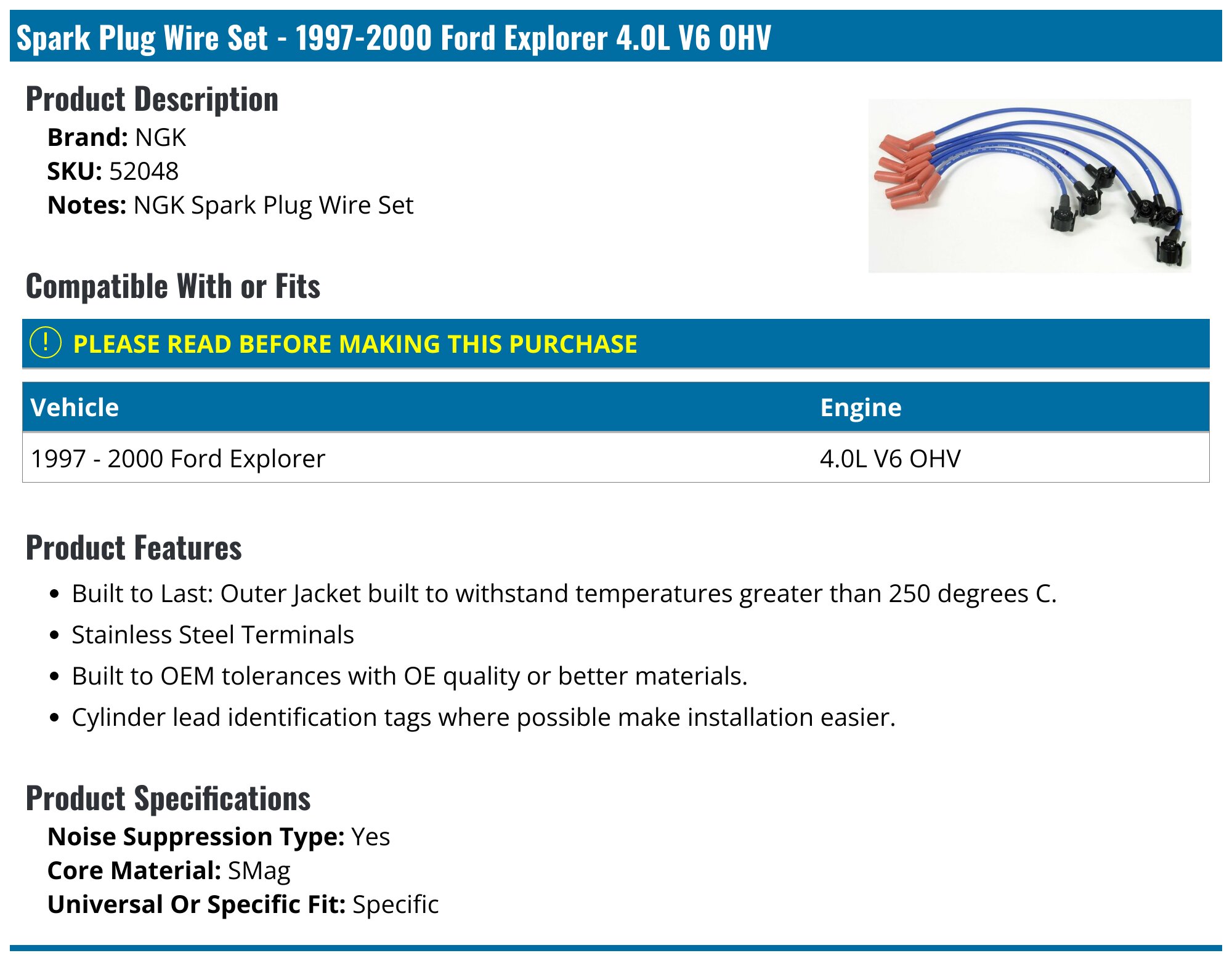 Spark Plug Wire Set For 1997-2000 Ford Explorer Ranger 4.0L OHV V6 Vin X