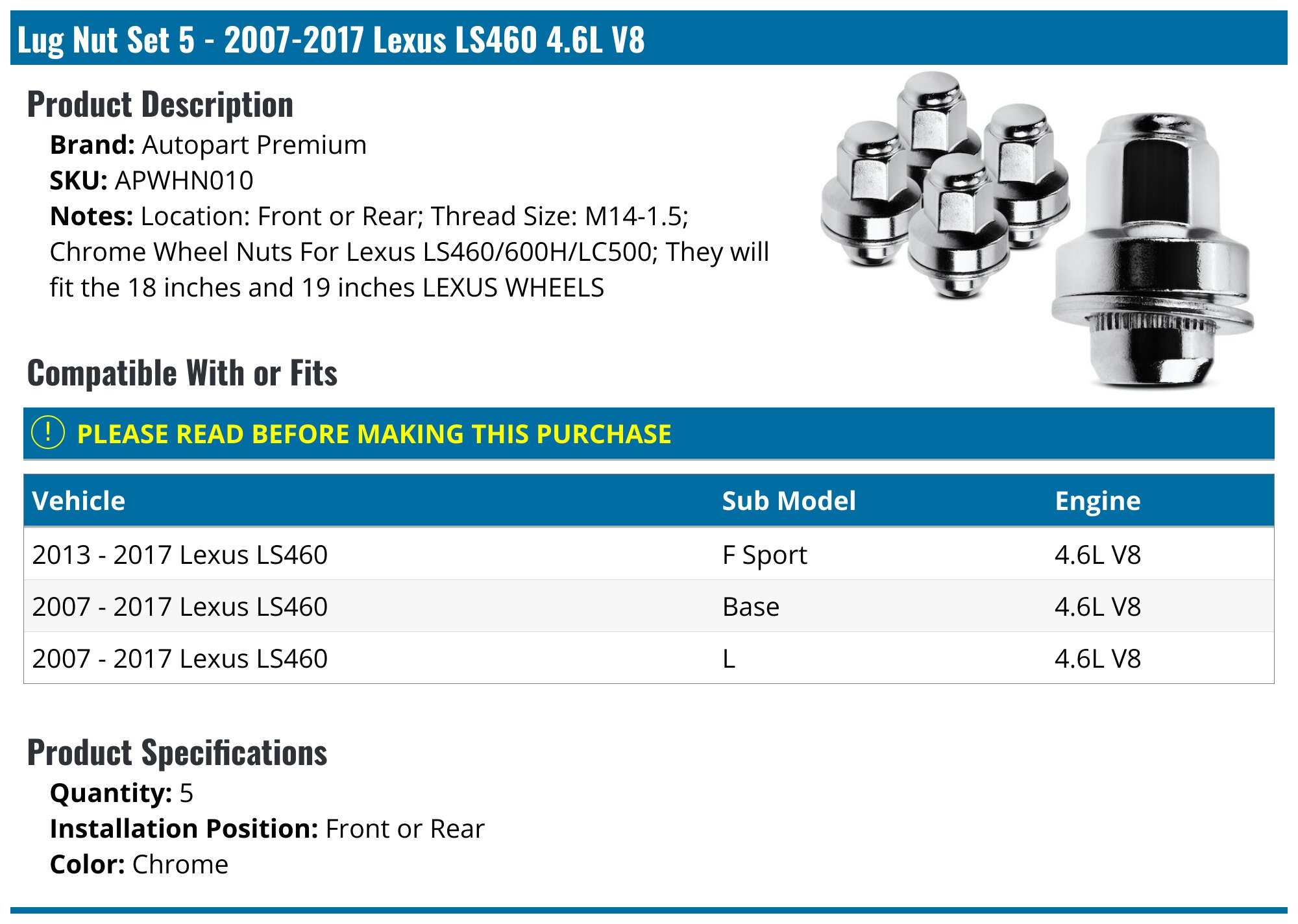 5 Genuine Lexus OEM Chrome Wheel Lug Nuts – 2007-2023 LS460 LS600H LC500 – Factory 90942-01111