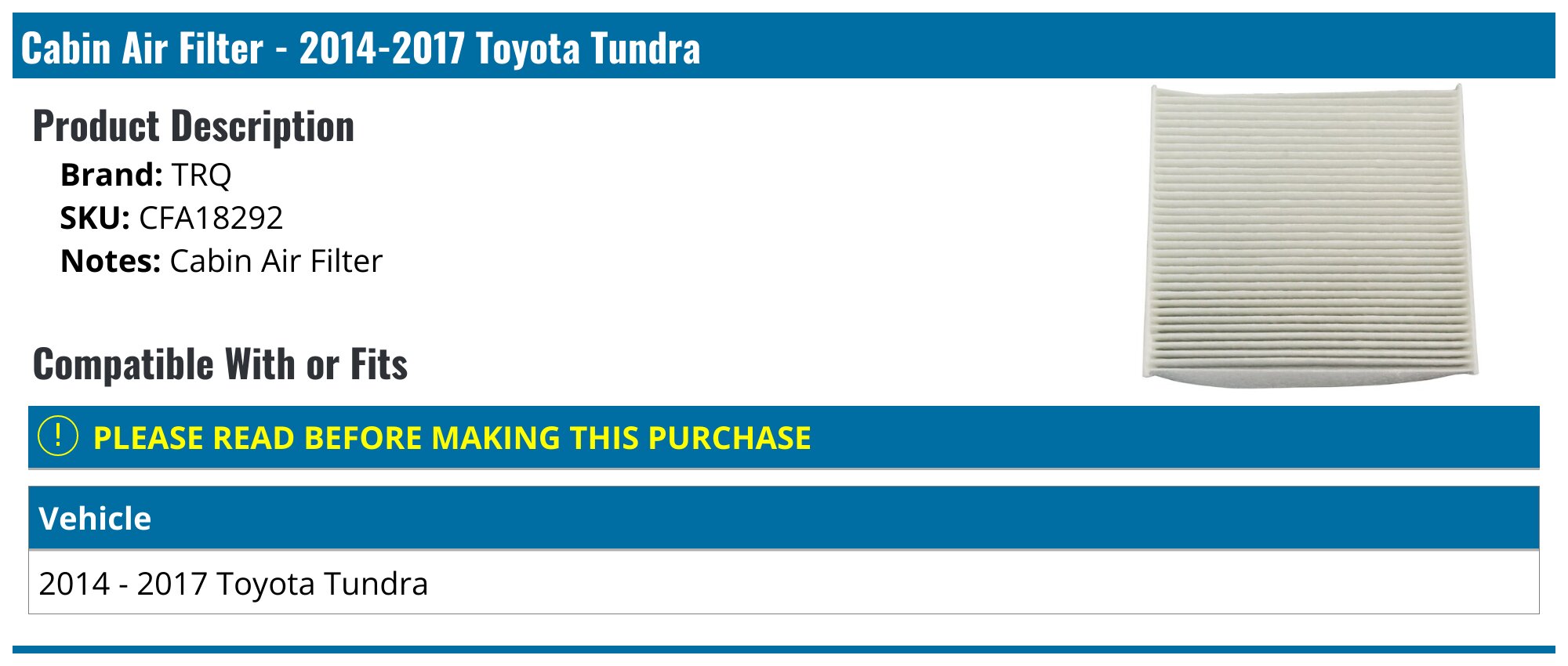 20142017 Toyota Tundra Cabin Air Filter TRQ CFA18292