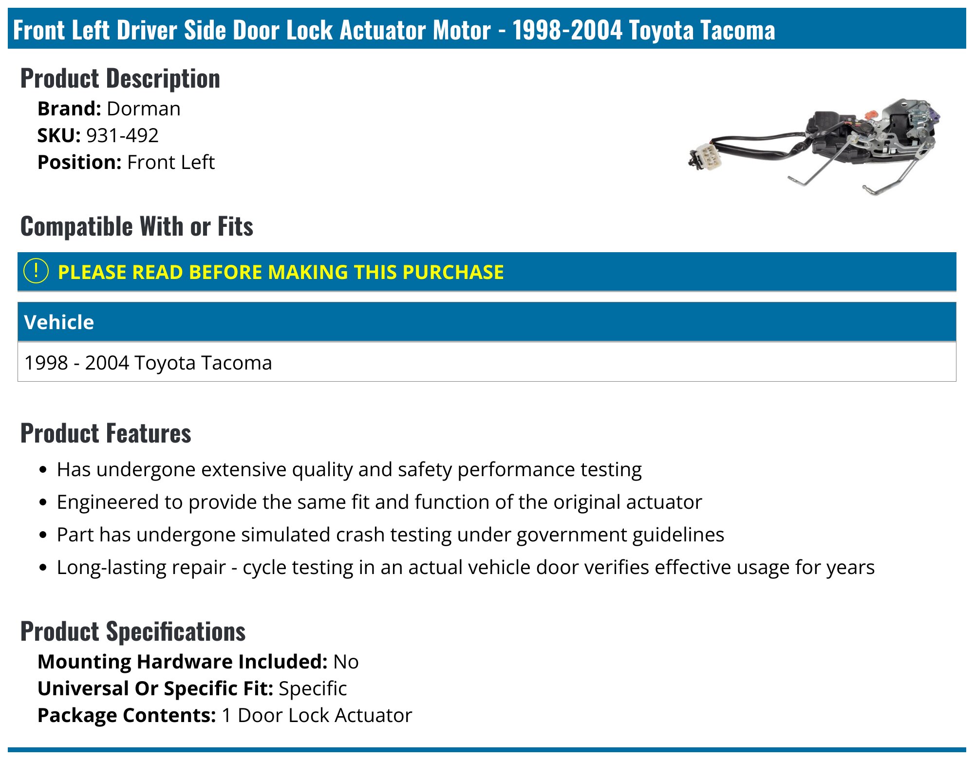 Front Right Door Lock Actuator Motor - Compatible with 1998 - 2004 Toyota Tacoma 1999 2000 2001 2002 2003