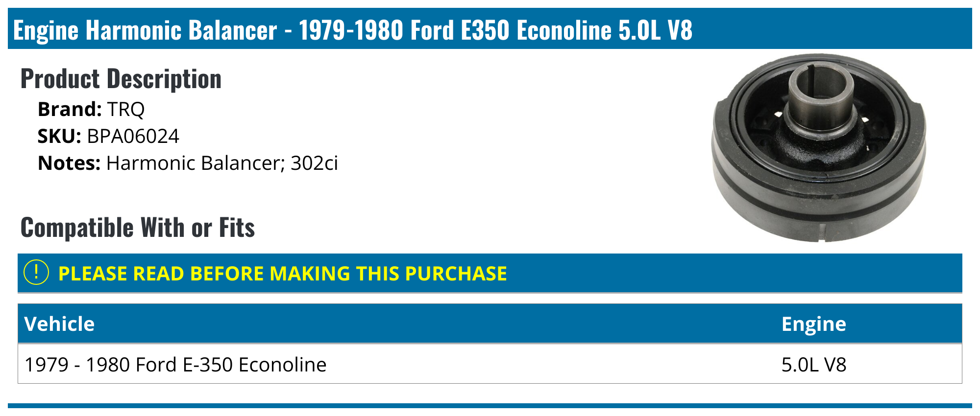 19791980 Ford E350 Econoline Engine Harmonic Balancer TRQ BPA06024