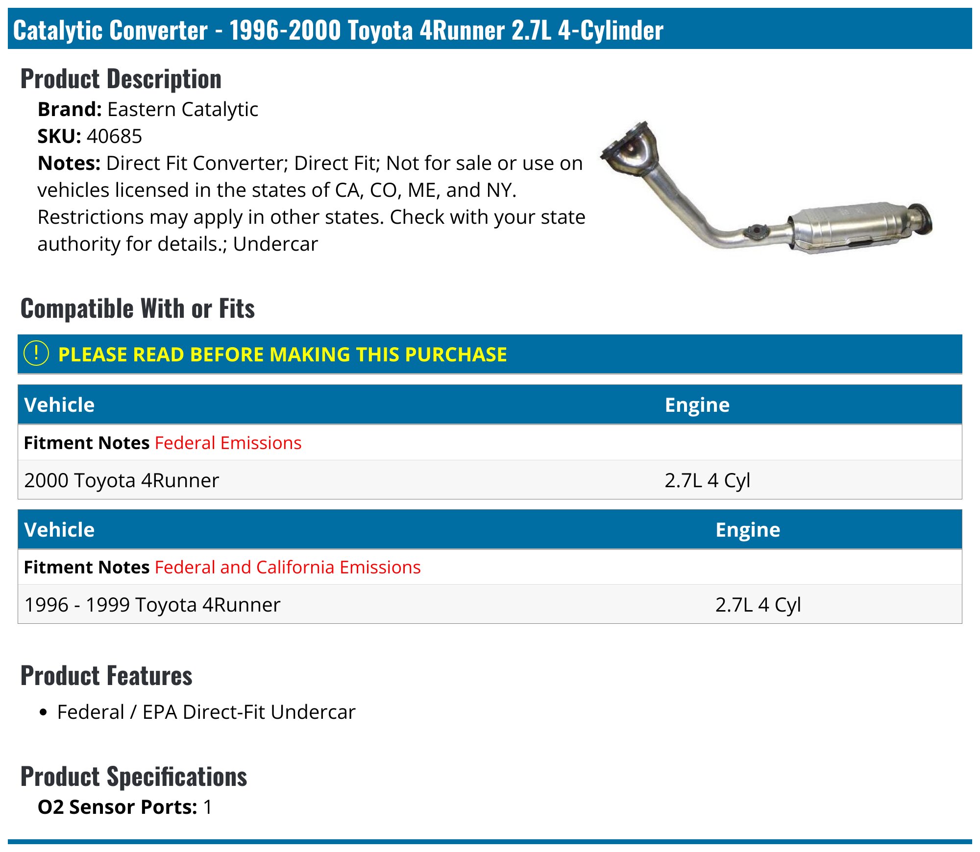 1996-2000 Toyota 4Runner Catalytic Converter - Eastern Catalytic 40685 ...