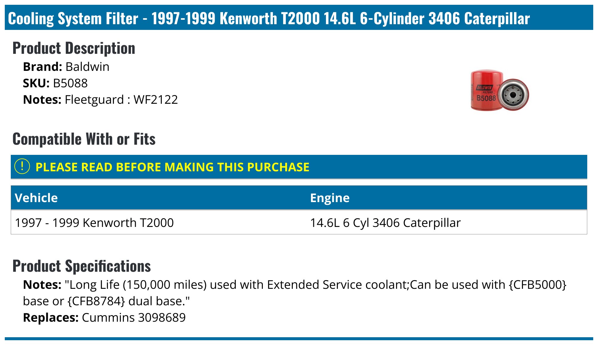 1997-1999 Kenworth T2000 Cooling System Filter - Baldwin B5088 ...