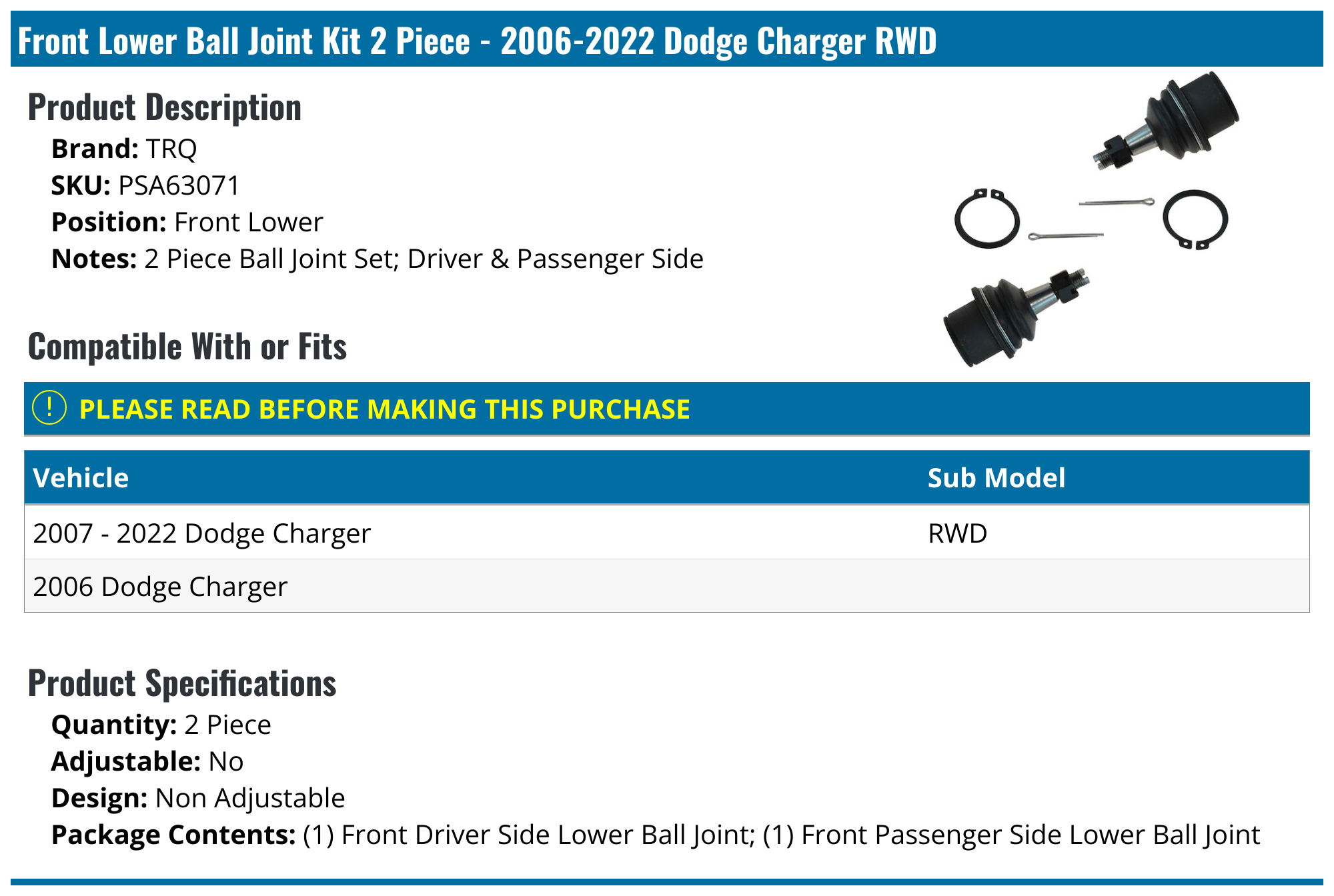 20062022 Dodge Charger Ball Joint TRQ PSA63071 Front Lower