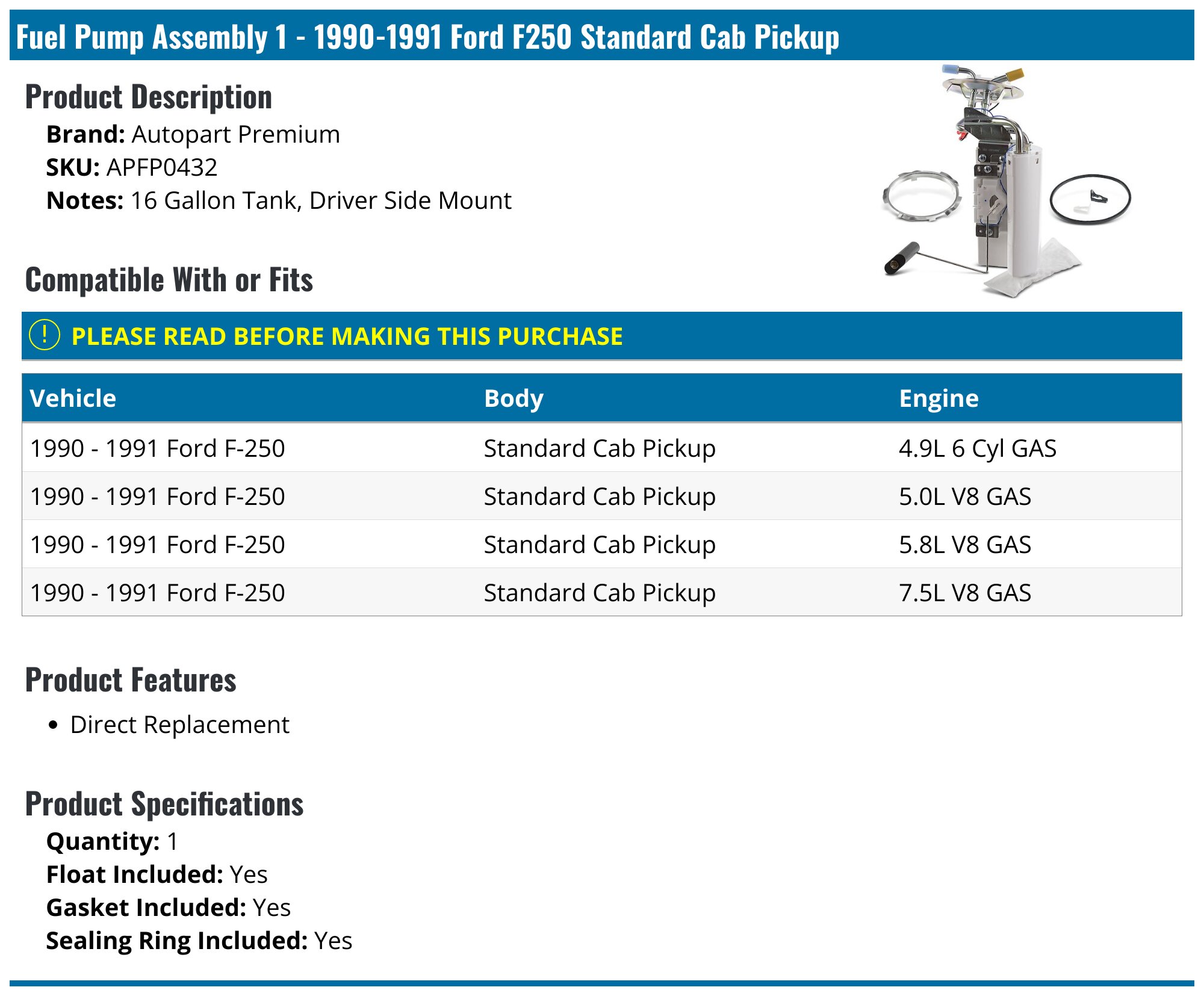 19901991 Ford F250 Fuel Pump Autopart Premium APFP0432