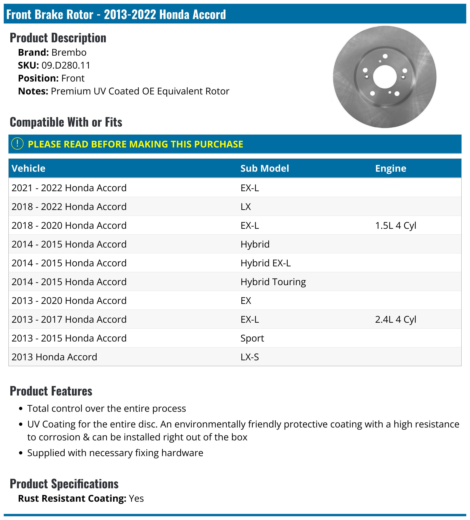 Genuine Honda Front Brake Disc Rotor – 2013-2022 Accord, OE 45251-T2F-A51, Direct Fit, Lifetime Warranty