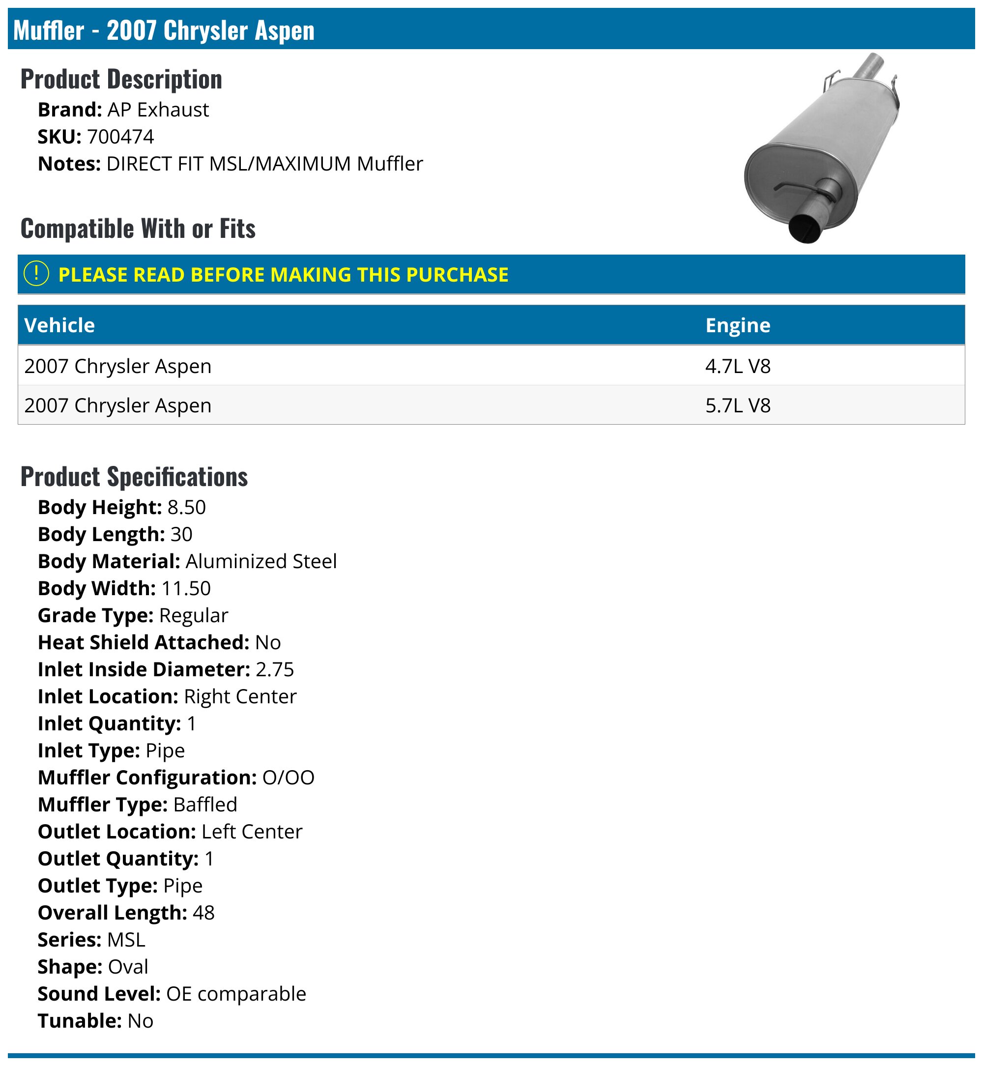 2007 Chrysler Aspen Muffler AP Exhaust 700474