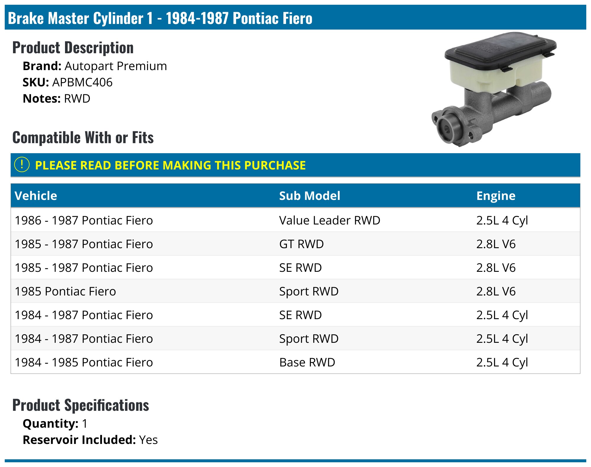 1984-1987 Pontiac Fiero Brake Master Cylinder - Autopart Premium