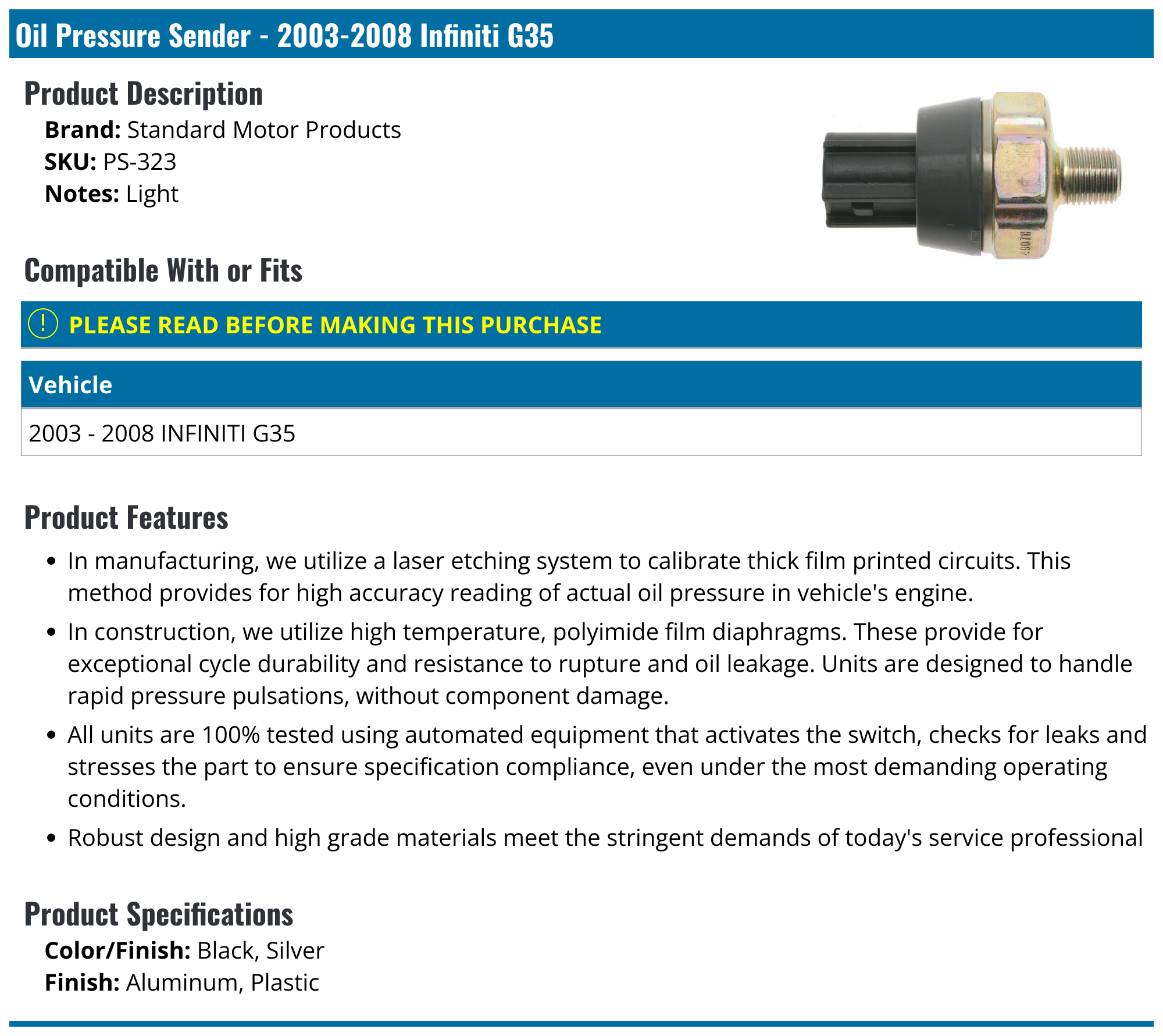 20032008 Infiniti G35 Oil Pressure Sender Standard Motor Products PS