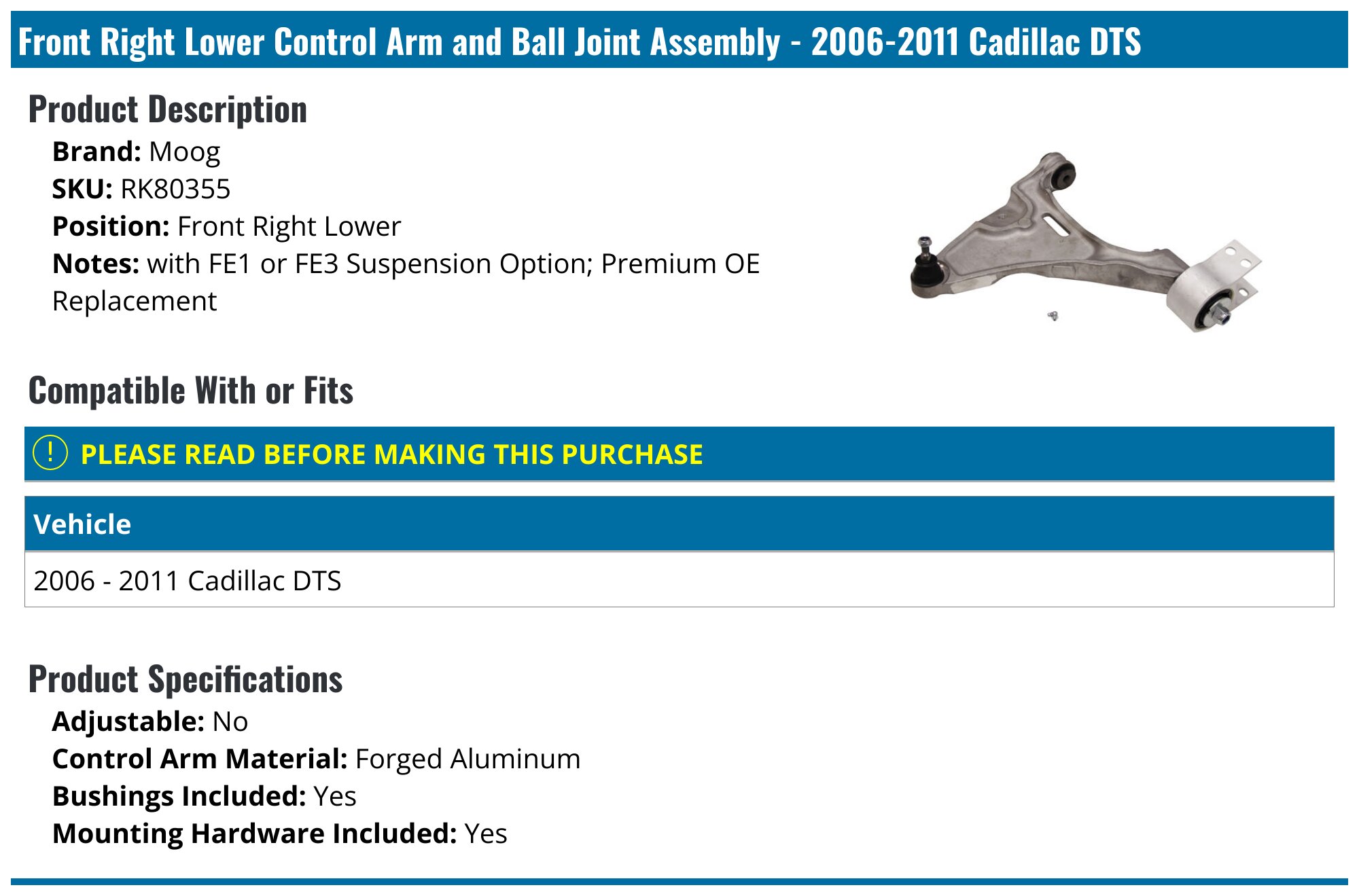 Front Lower Control Arm With Ball Joint For 2006-2011 Buick Lucerne/Cadillac DTS - Left Driver Side, Sealed 11 thumbnail image