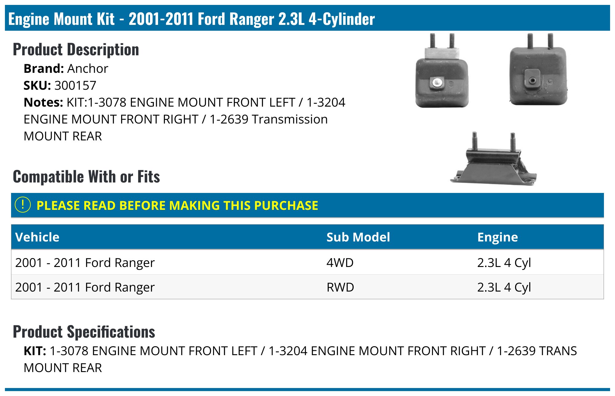 2001-2011 Ford Ranger Engine Mount - Anchor 300157 - PartsGeek.com