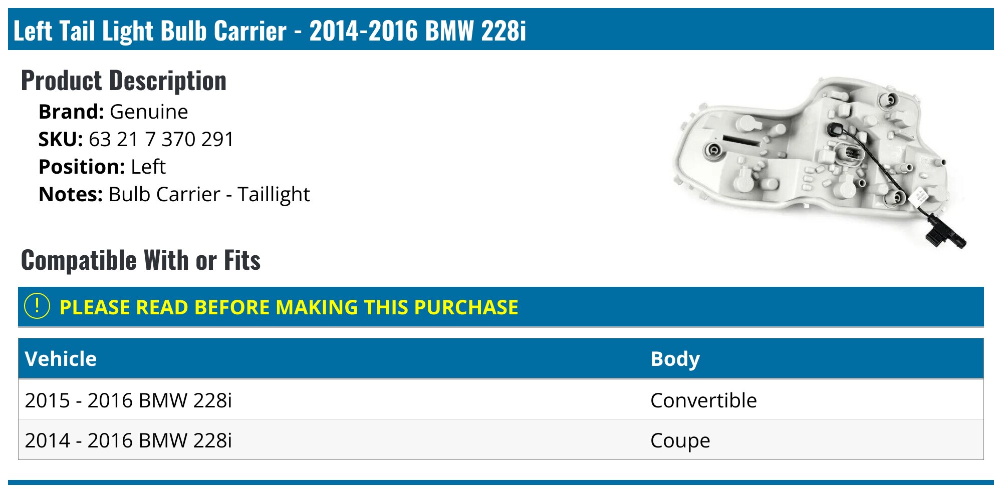 2014-2016 BMW 228i Tail Light Bulb Carrier - Genuine 63 21 7 370 291 ...