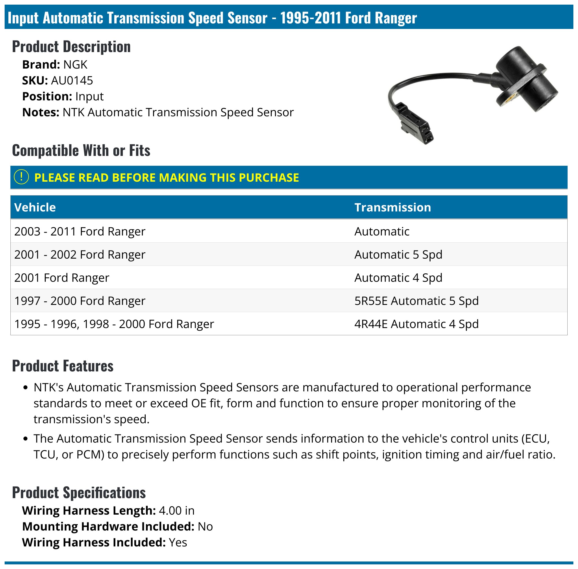 1995-2011 Ford Ranger Automatic Transmission Speed Sensor - NGK AU0145 ...