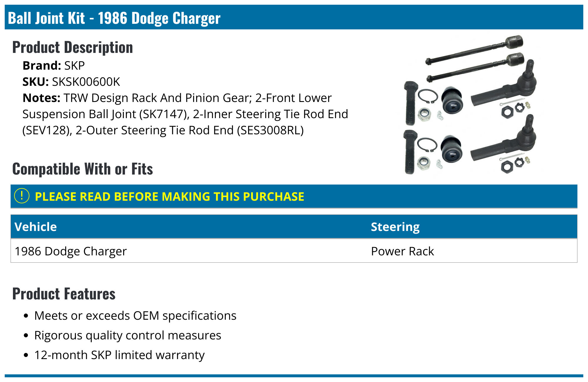 1986 Dodge Charger Ball Joint SKP SKSK00600K