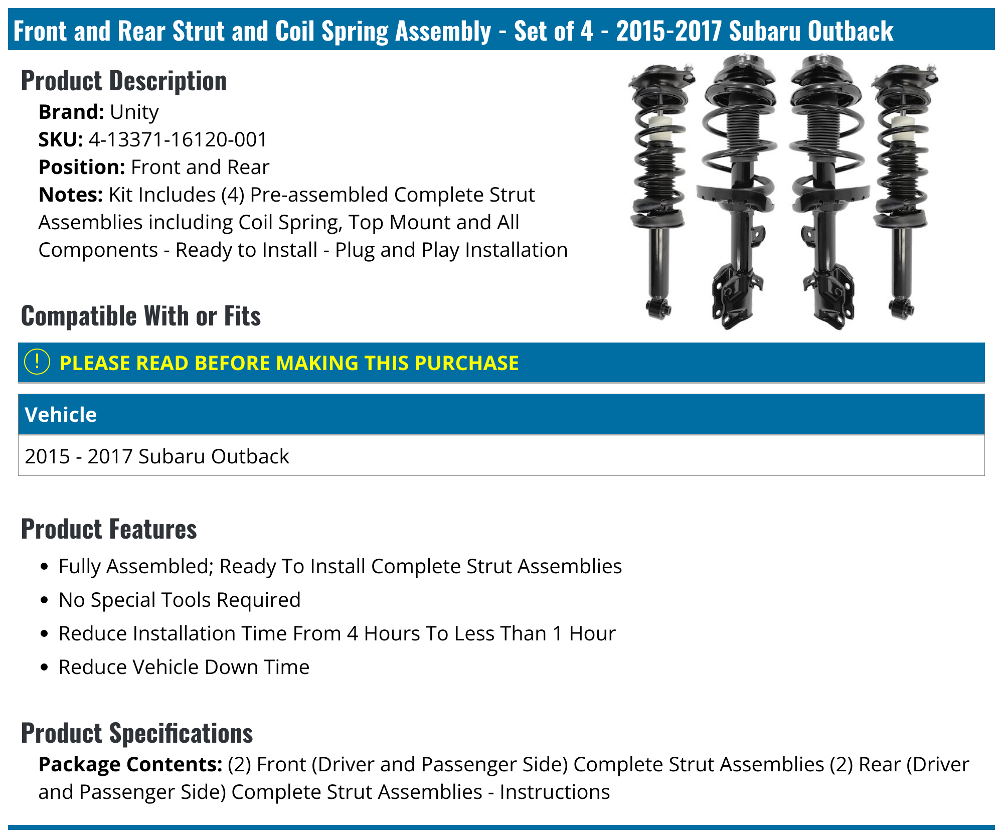 20152017 Subaru Outback Strut Assembly Unity 41337116120001 Front and Rear