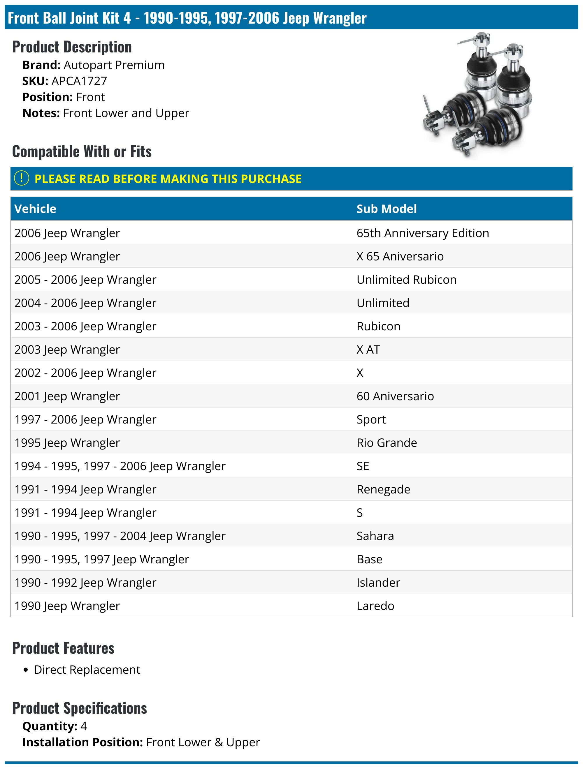 Jeep Wrangler Front Upper and Lower Ball Joint Set (90-06 Jeep Wrangler YJ & TJ) - Free Shipping