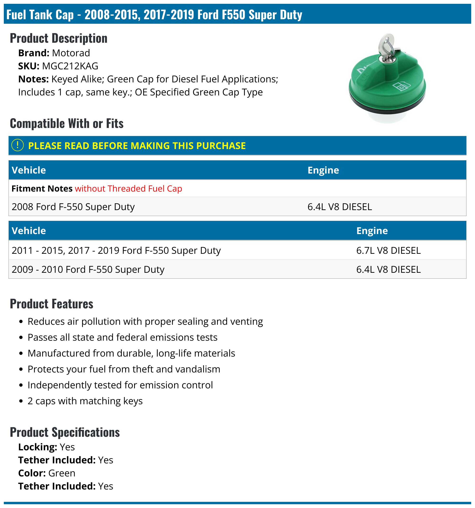 Tappo Benzina Verde Per Ford F250 F350 Super Duty, Con Cordino, Ricambio FC1068, AUXITO