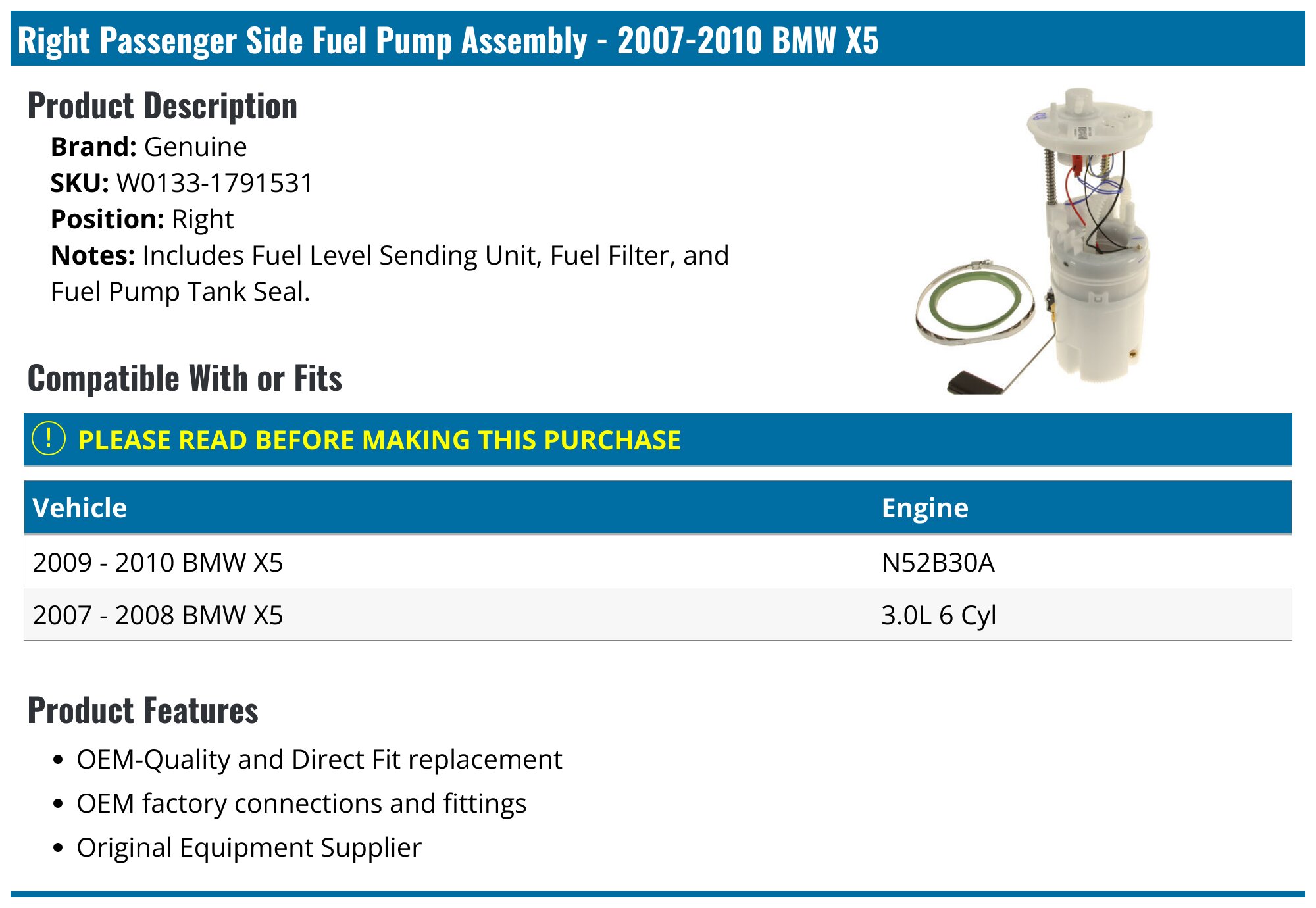 2007-2010 BMW X5 Fuel Pump - Genuine W0133-1791531 - Right - PartsGeek.com
