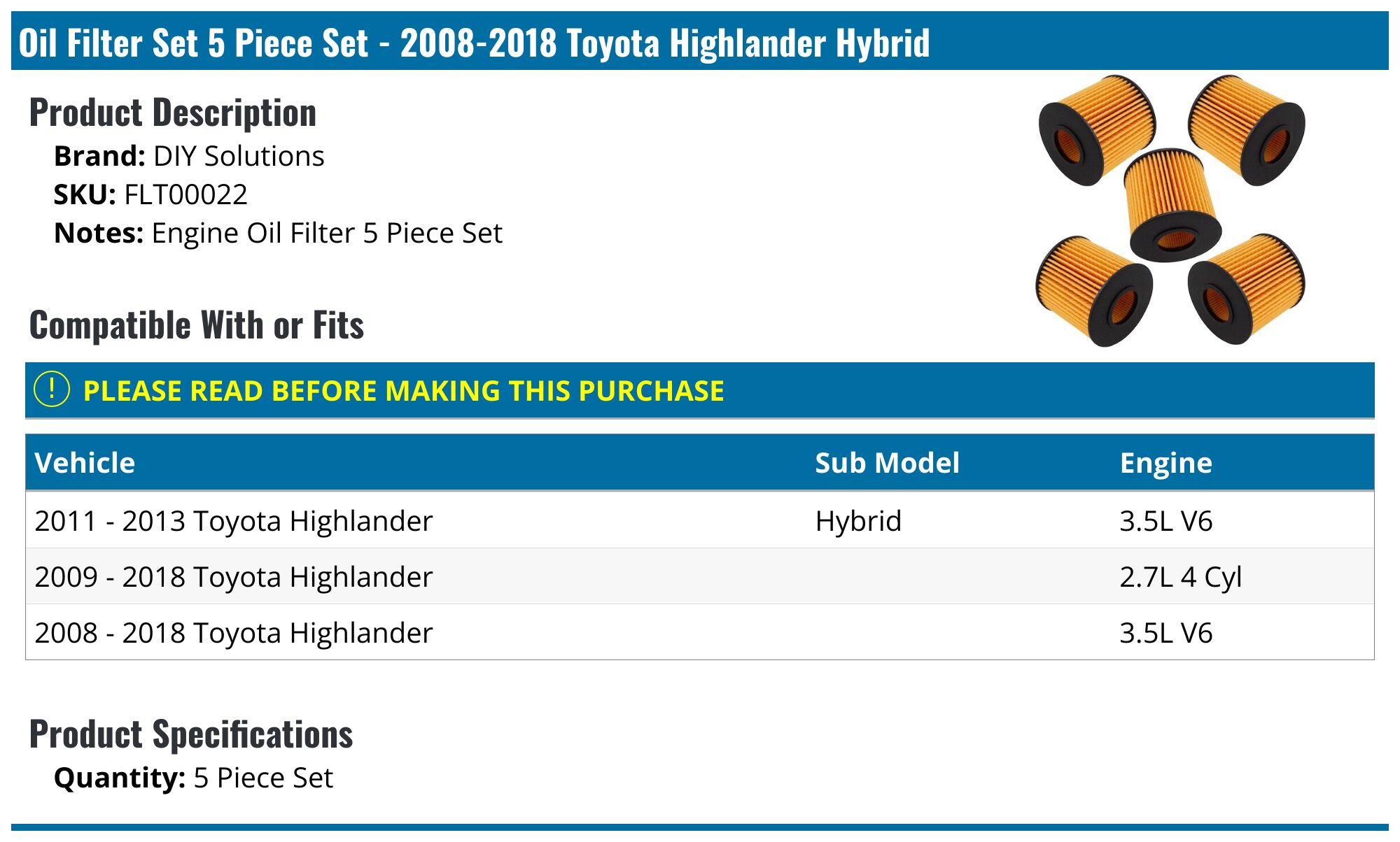 2008-2018 Toyota Highlander Oil Filter - DIY Solutions FLT00022 ...