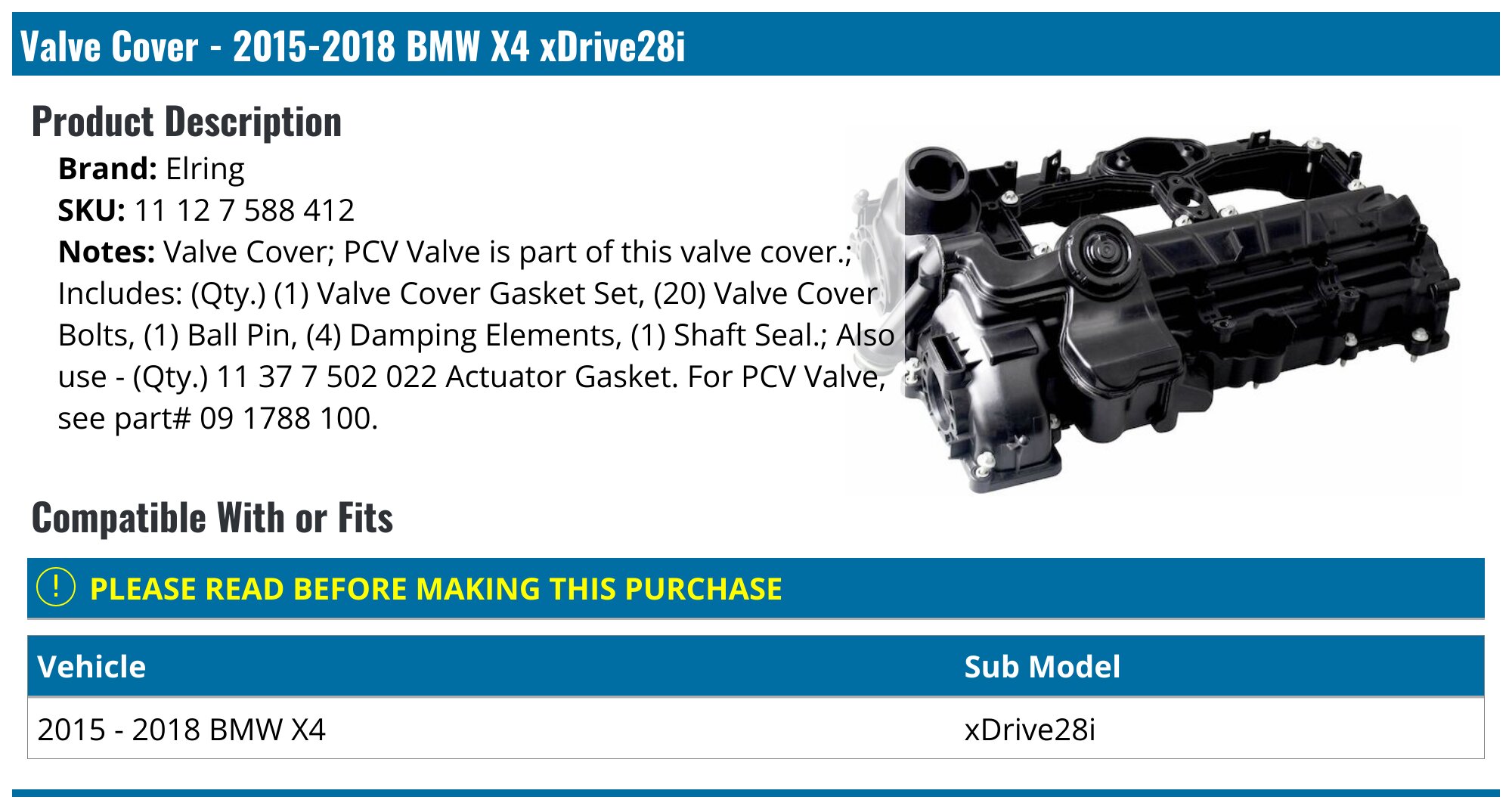 2015-2018 BMW X4 Valve Cover - Elring 11 12 7 588 412 - PartsGeek.com