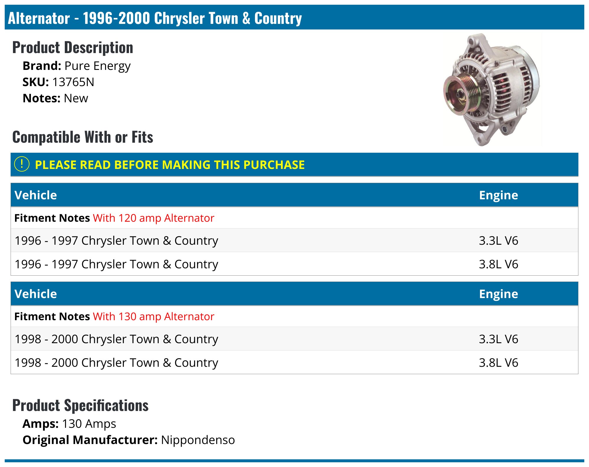 1996-2000 Chrysler Town & Country Alternator - Pure Energy 13765N ...