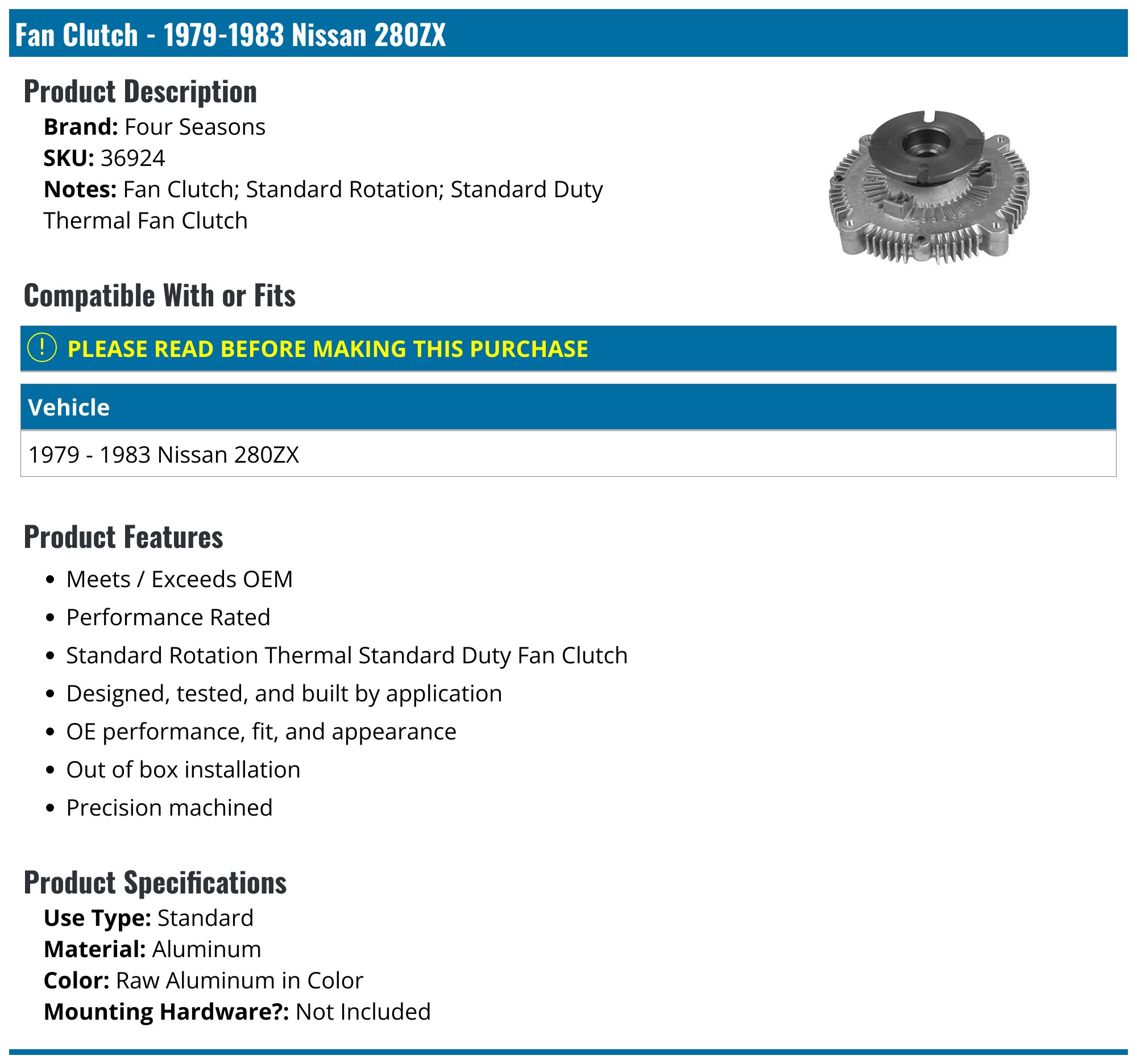 Thermal Fan Clutch – Fits 1979–1983 Nissan 280ZX, Standard Rotation, OEM Replacement #39728SZ