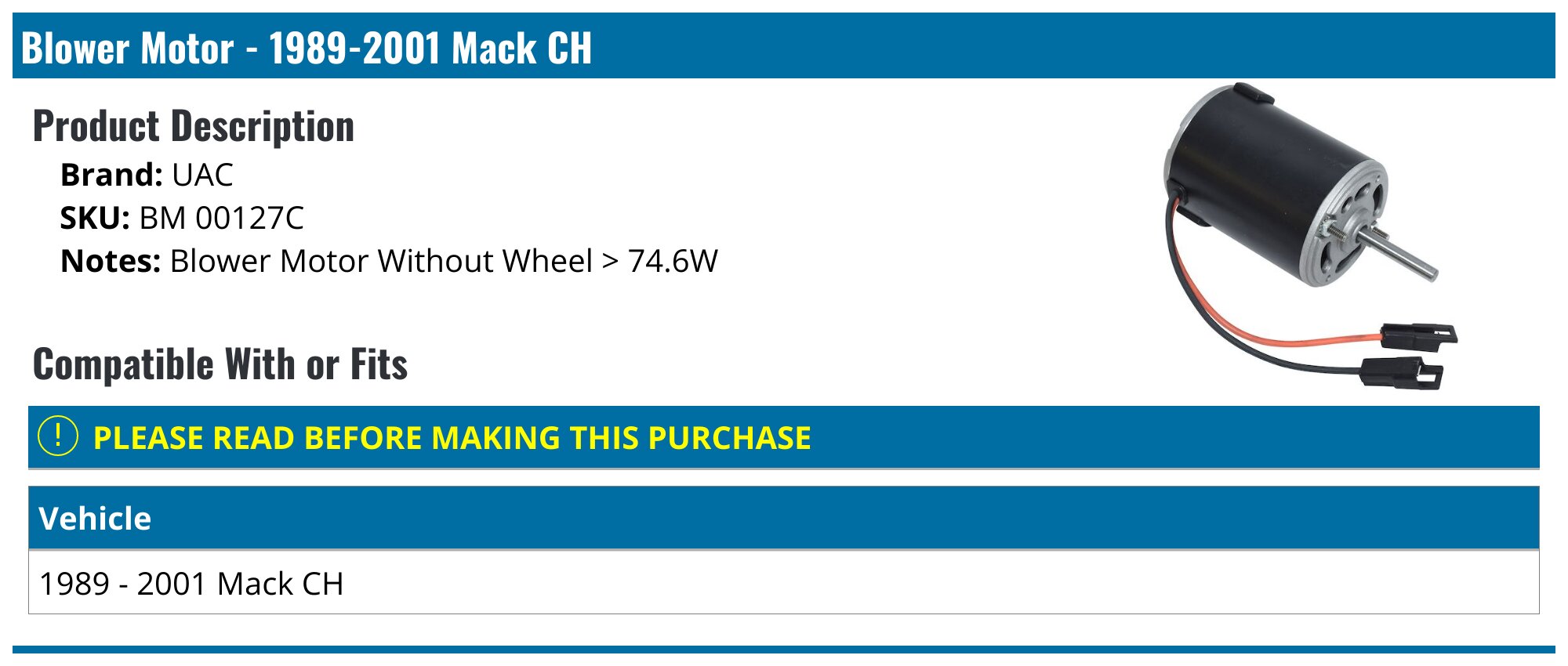 1989-2005 Mack CH Blower Motor - UAC BM 00127C - PartsGeek.com